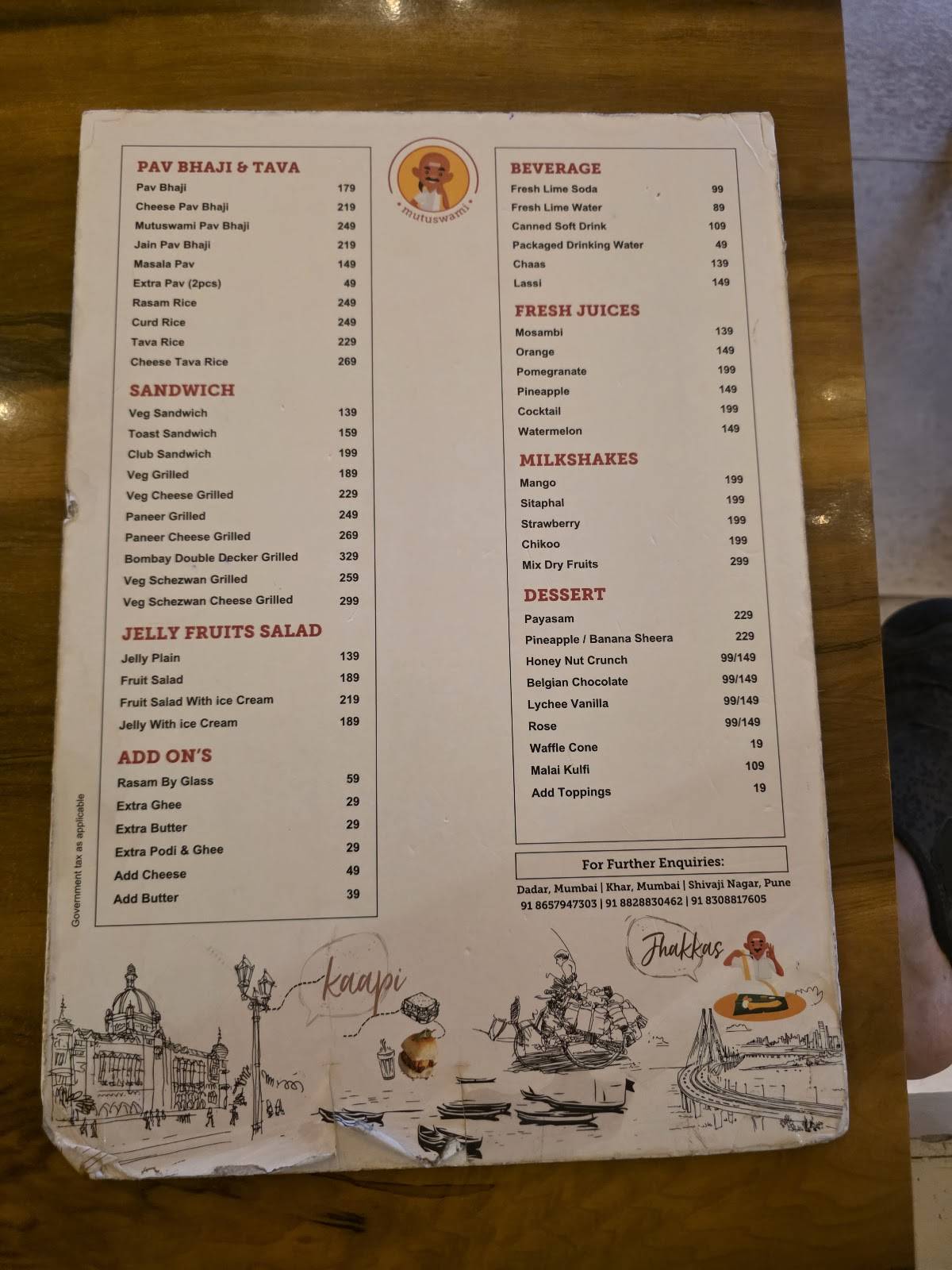 Mutuswami Cafe, Khar menu