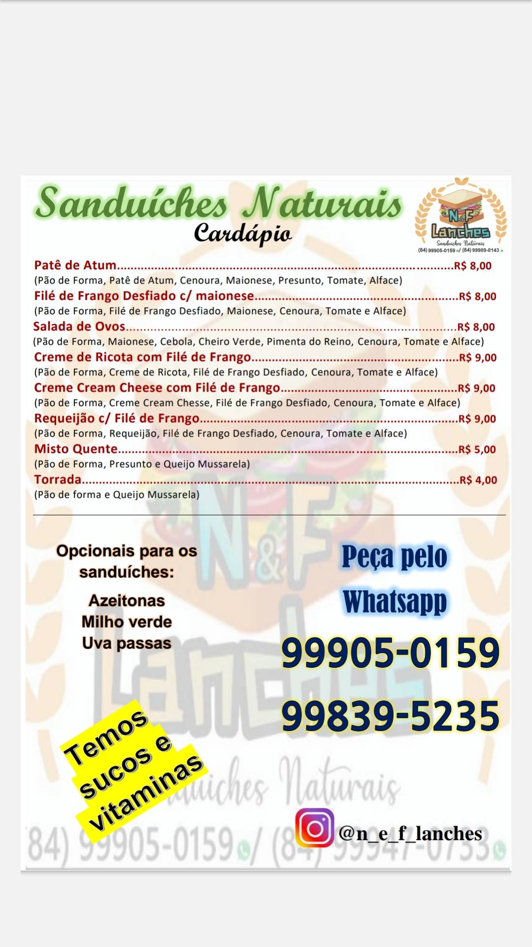 N & F Lanches cardápio
