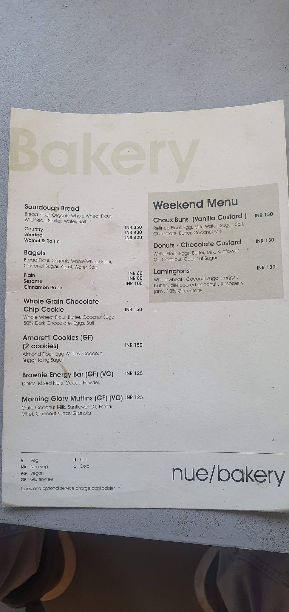 NUE Cafe menu