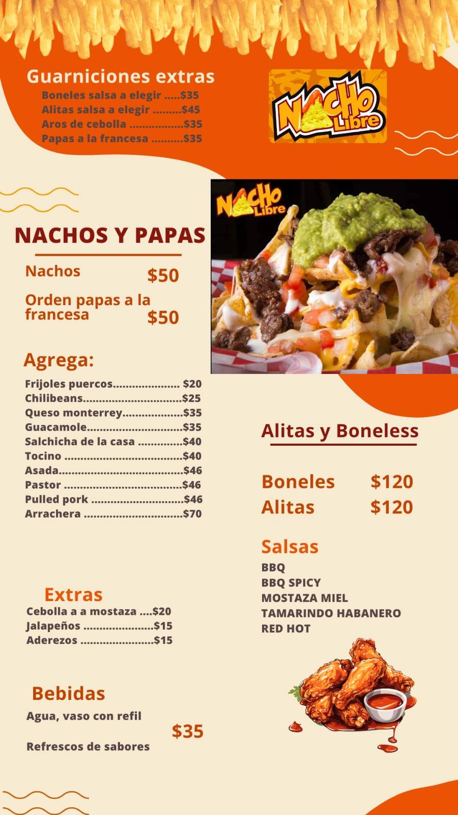 Menu at Nacho Libre restaurant, Mexicali, Monzón 420