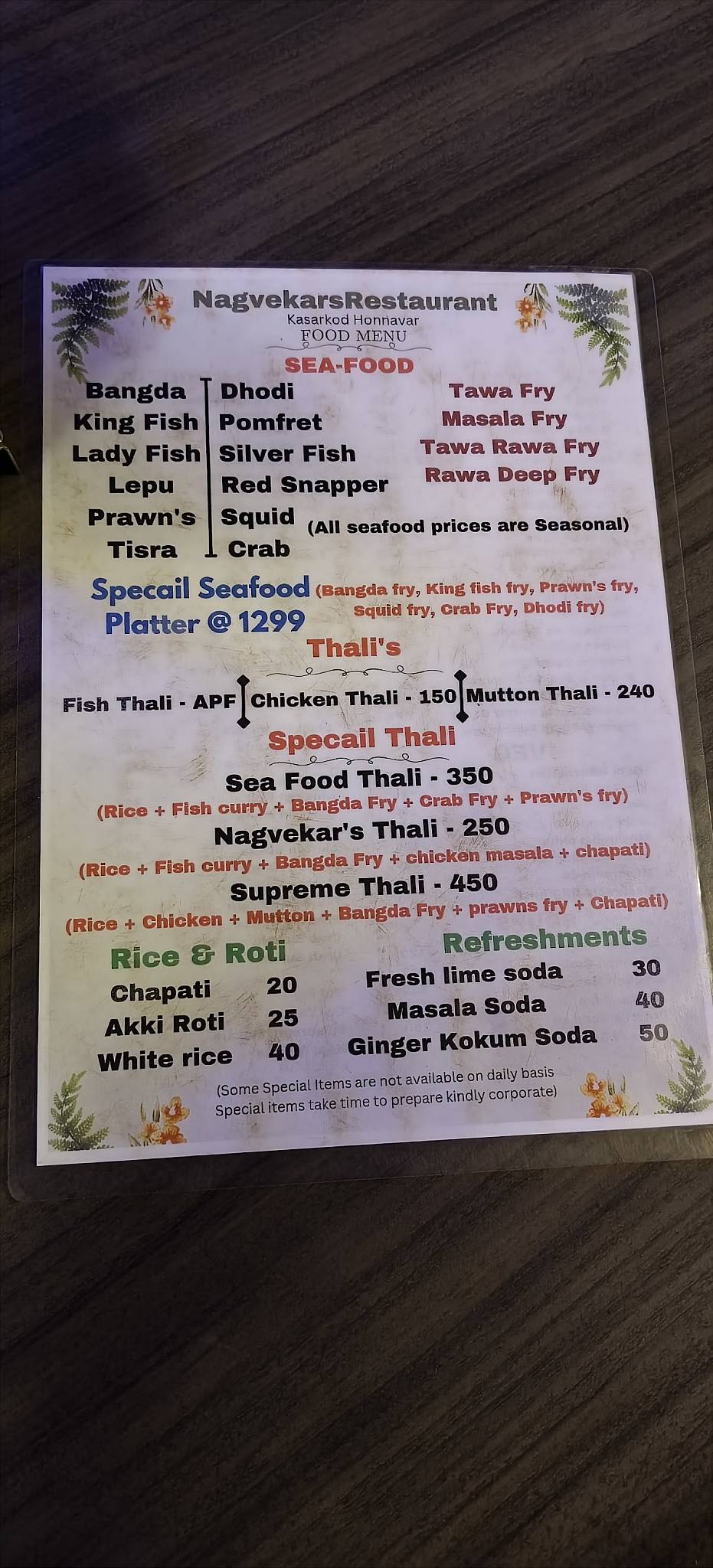 Nagvekar's Restaurant menu