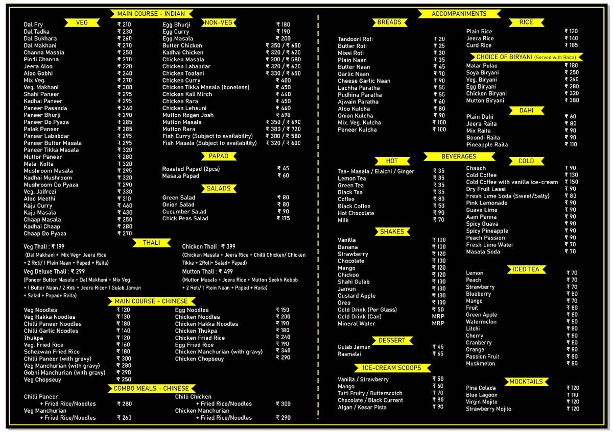 Namaste Srinagar- A multi cuisine restaurant menu