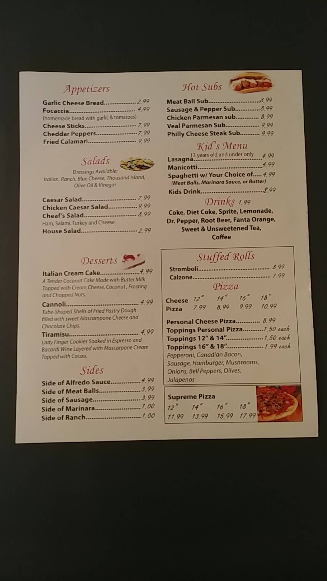 Menu at Napoli’s Italian Restaurant Bogalusa Louisiana, Bogalusa