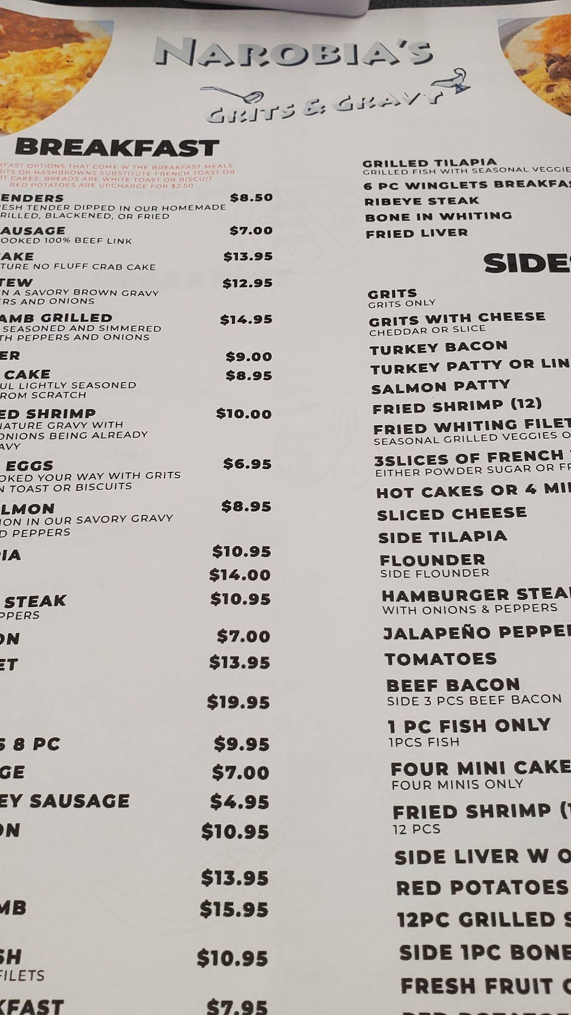Menu at Narobia's Grits & Gravy restaurant, Savannah