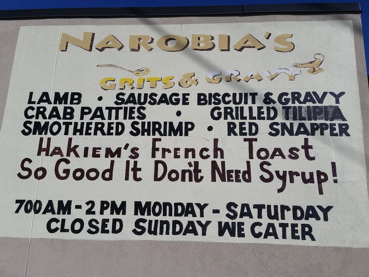 Menu at Narobia's Grits & Gravy restaurant, Savannah