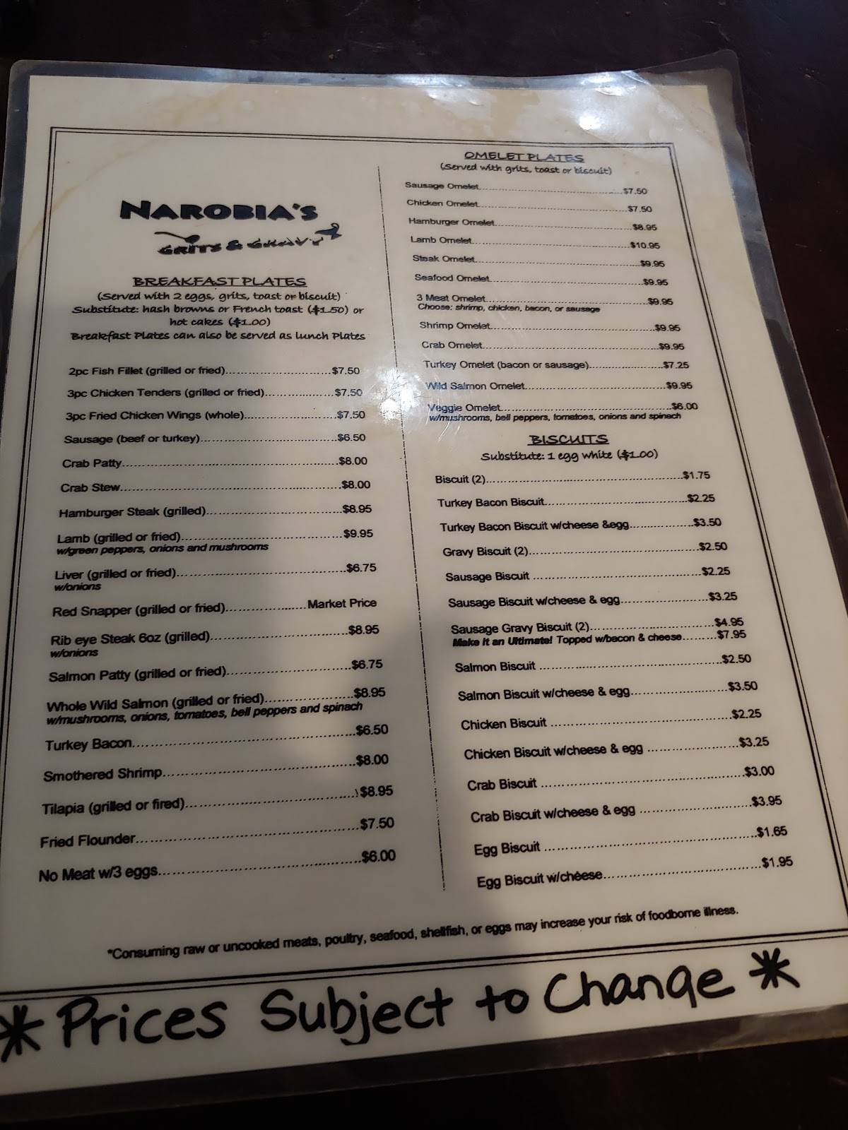 Menu at Narobia's Grits & Gravy restaurant, Savannah