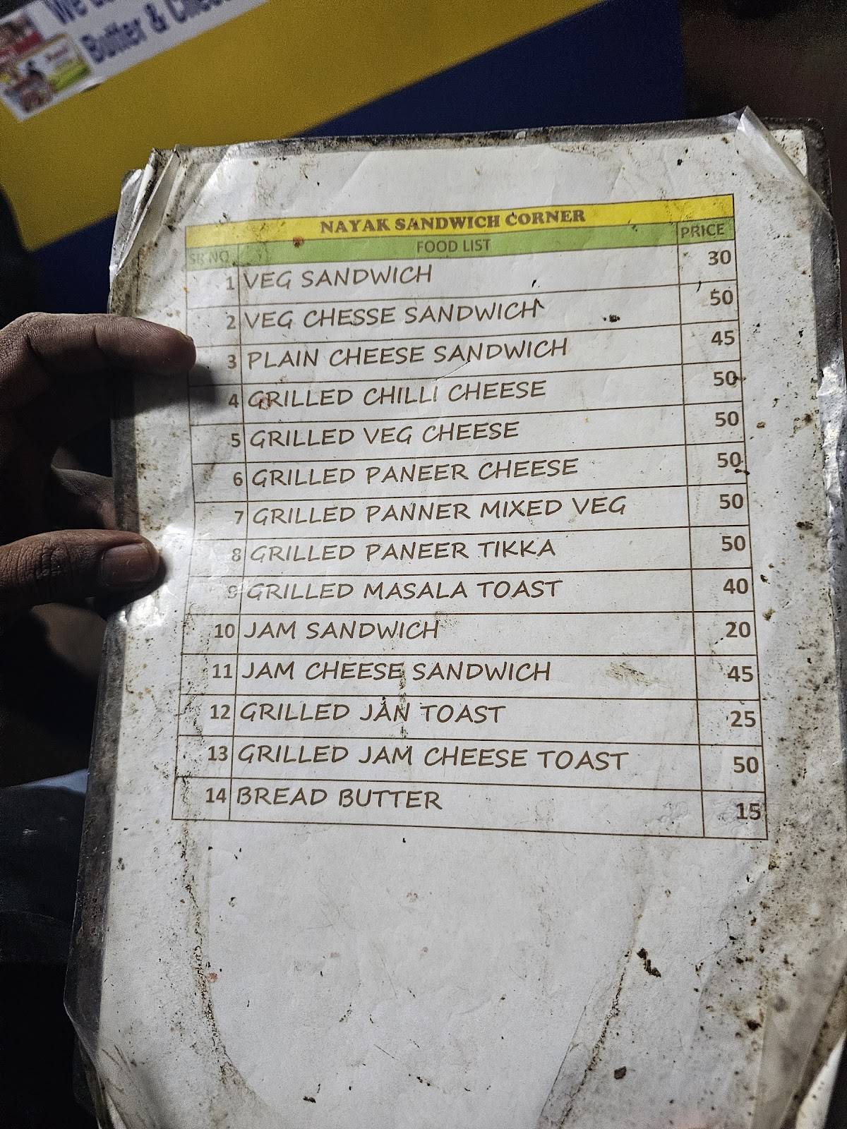 Nayak Sandwich Corner menu