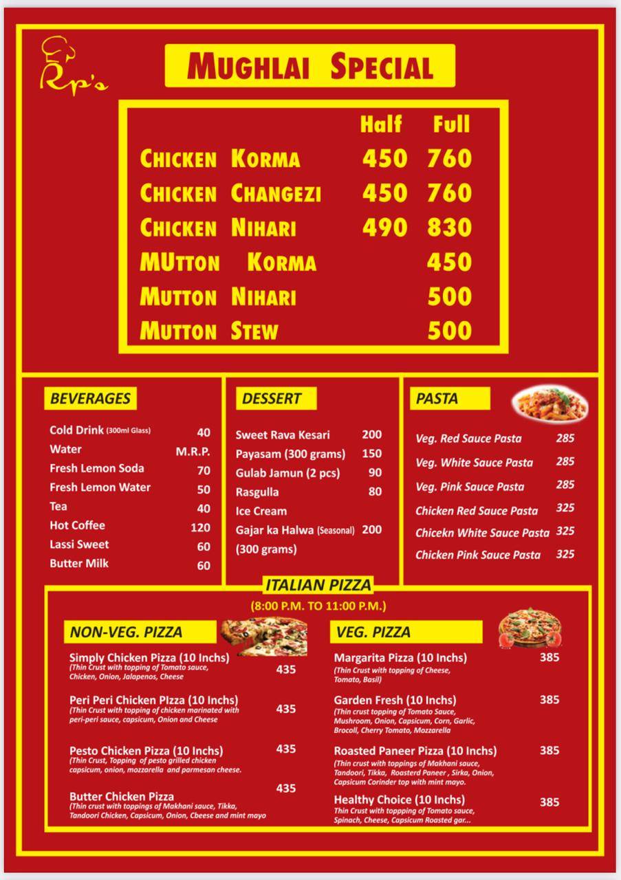 RP's Restaurant The Family Restaurant menu