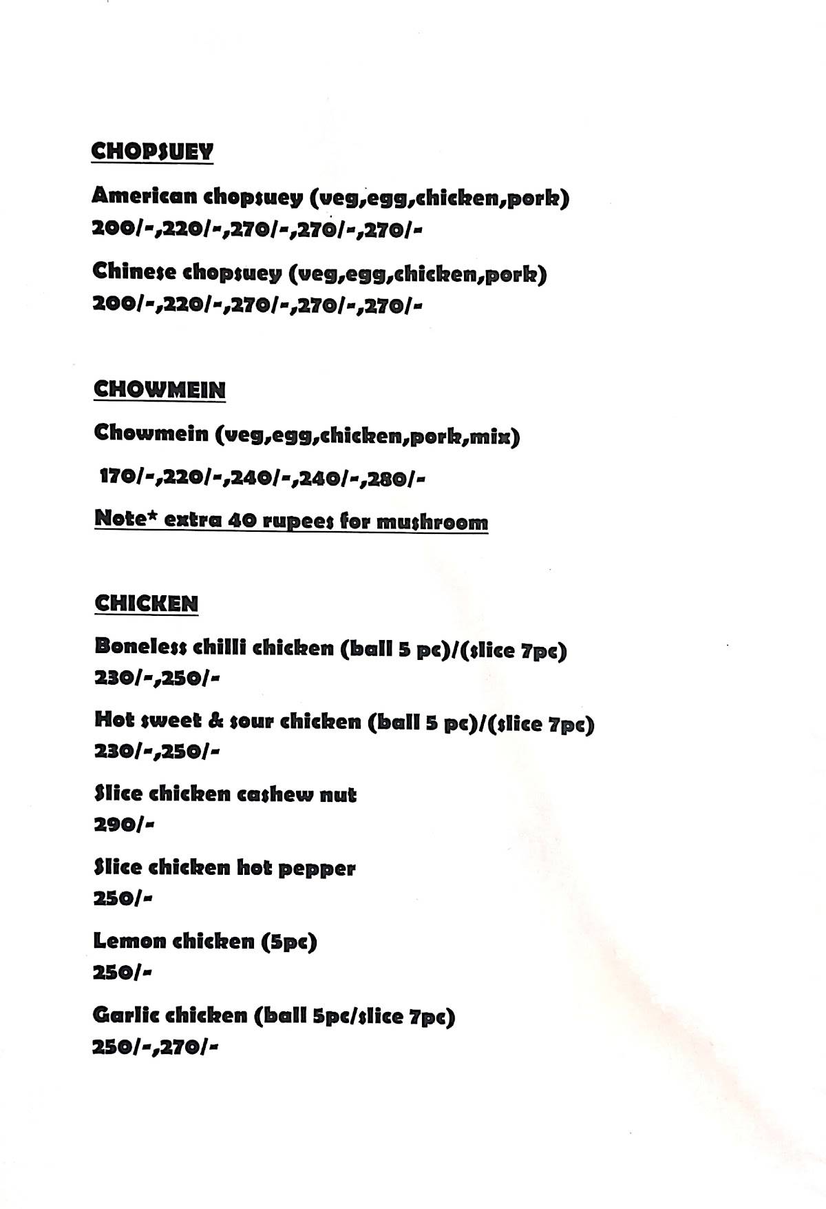 New Embassy Chinese Food Coner menu