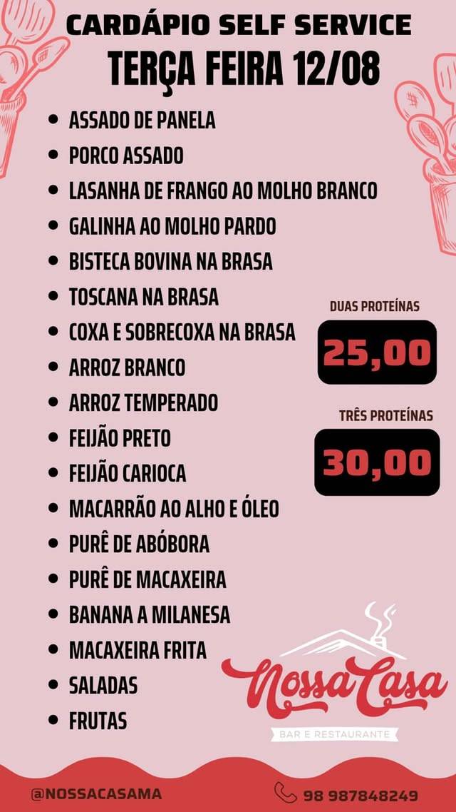 Nossa Casa Bar e Restaurante cardápio