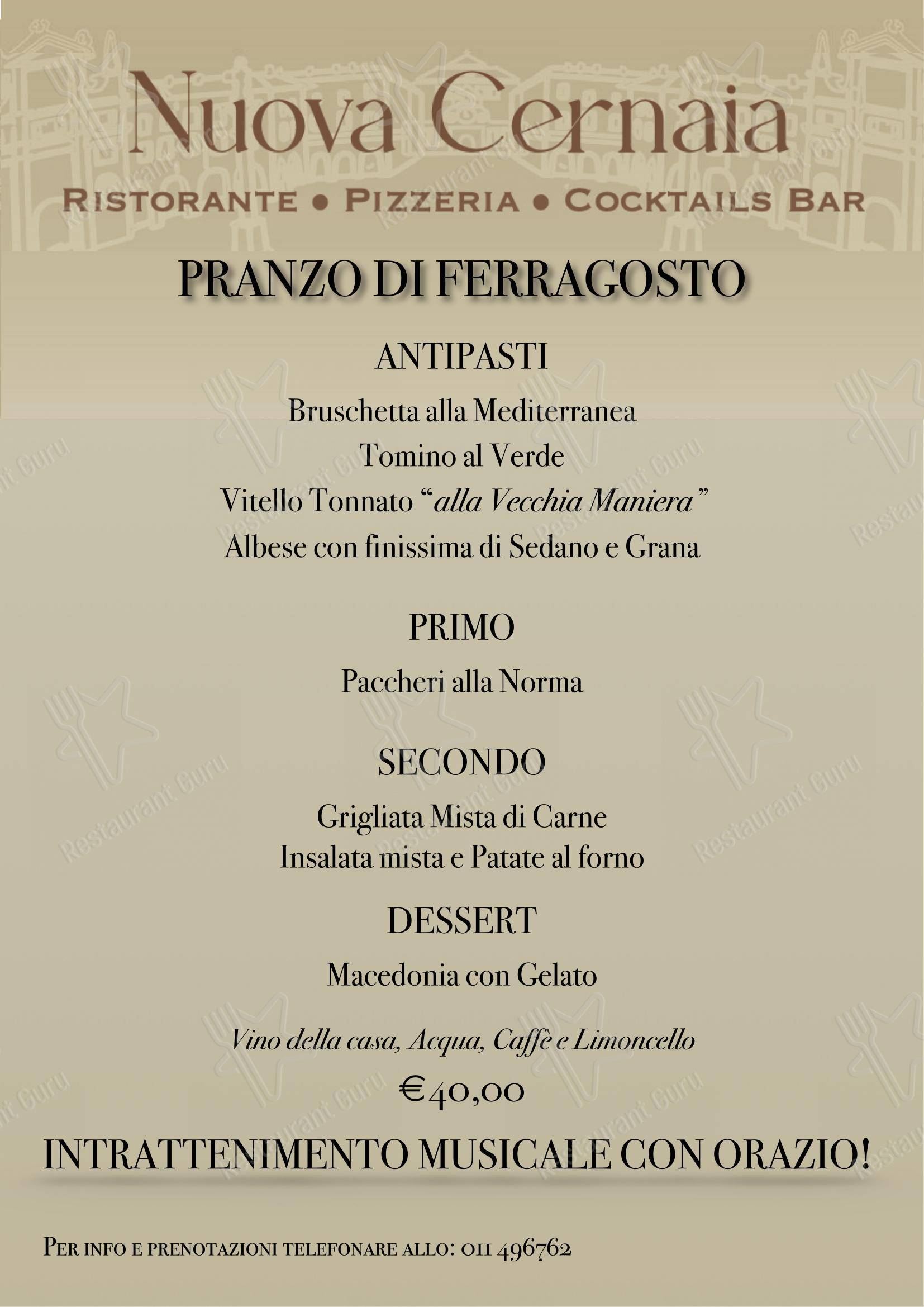 Menu per Nuova Cernaia in Venaria Reale