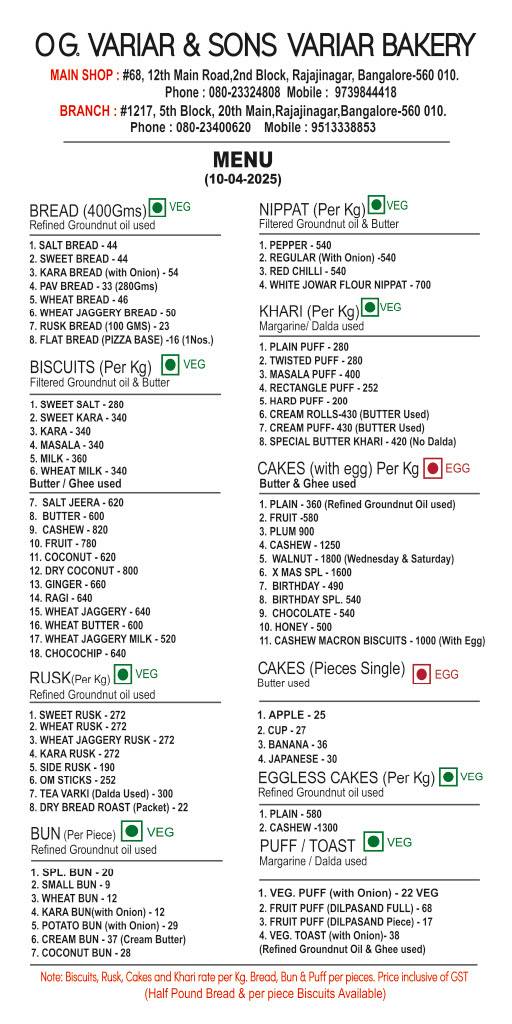 O.G. Variar and Sons, Variar Bakery menu