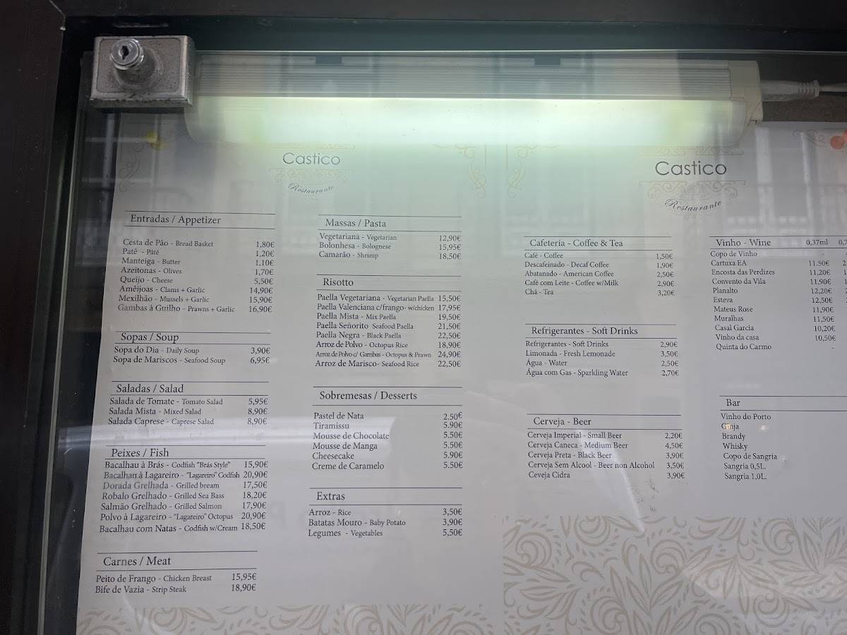 Menu at O castico restaurant, Lisbon, R. dos Sapateiros 81