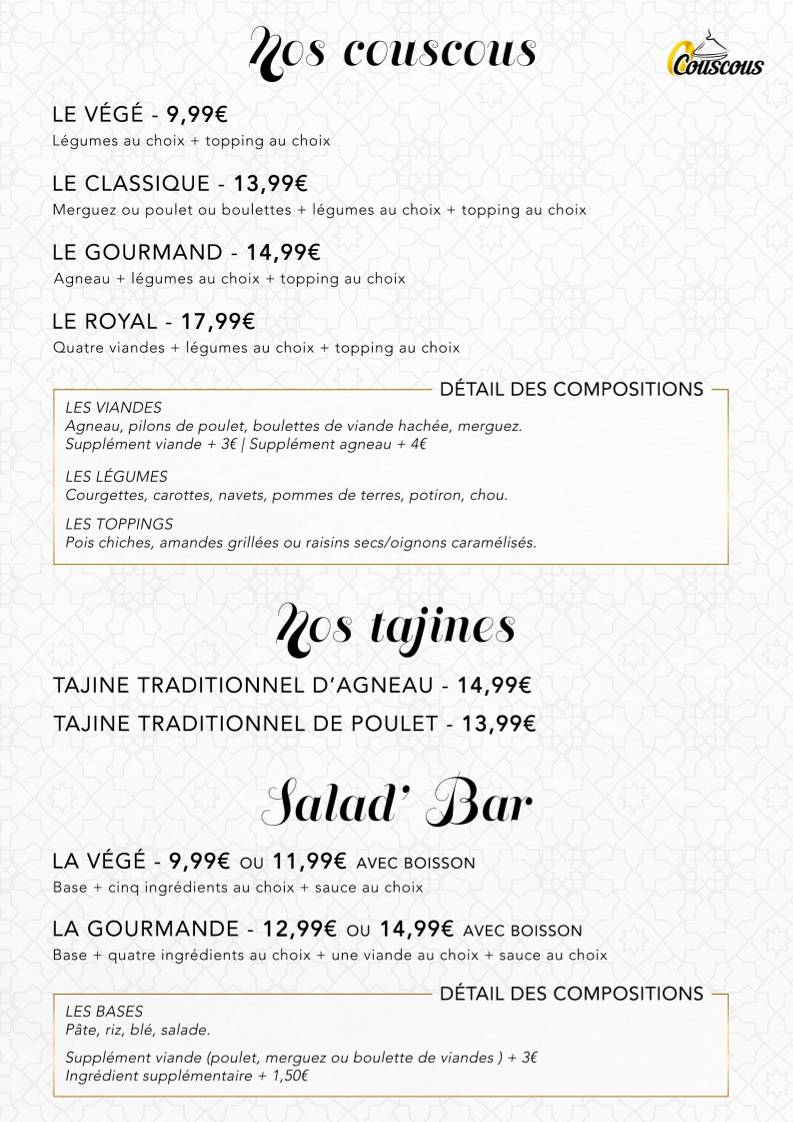 Menu de O'Couscous