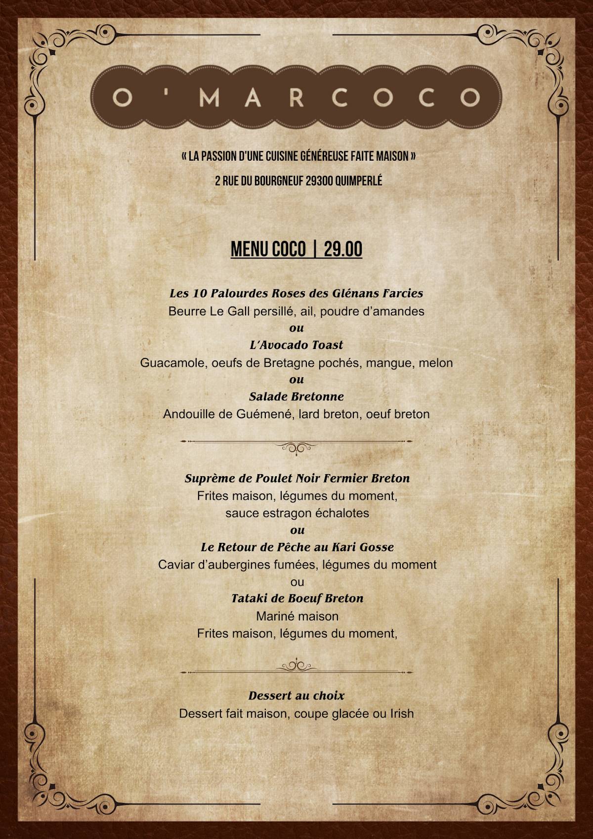Menu de O'Marcoco