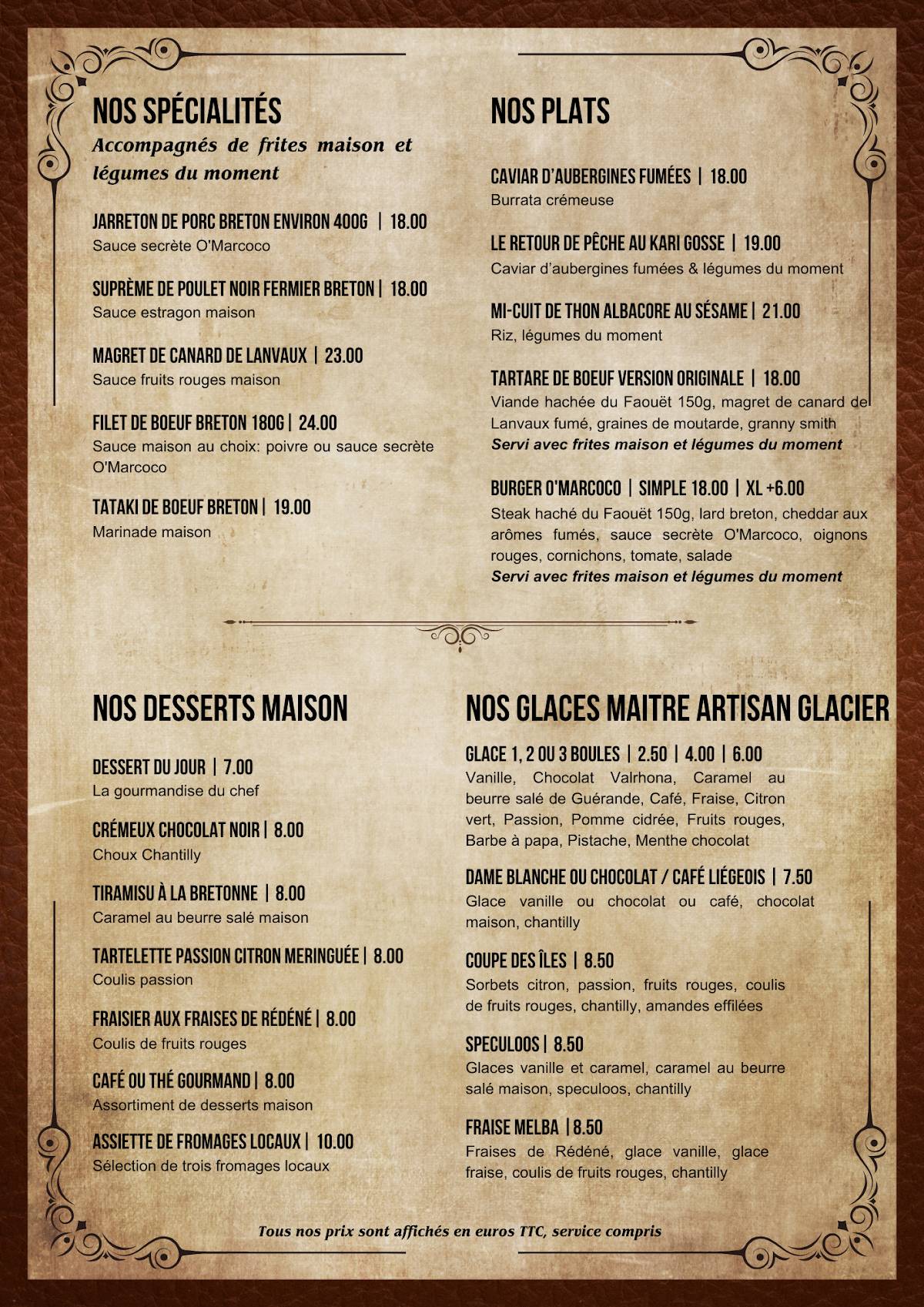 Menu de O'Marcoco