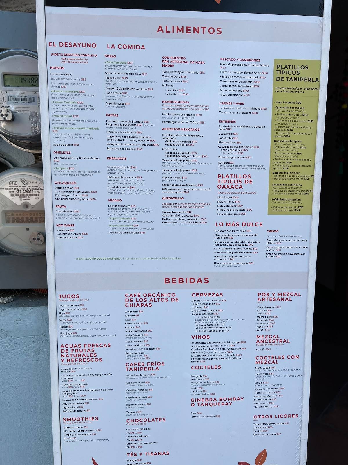 Carta de Restaurante Taniperla Oaxaca, Oaxaca