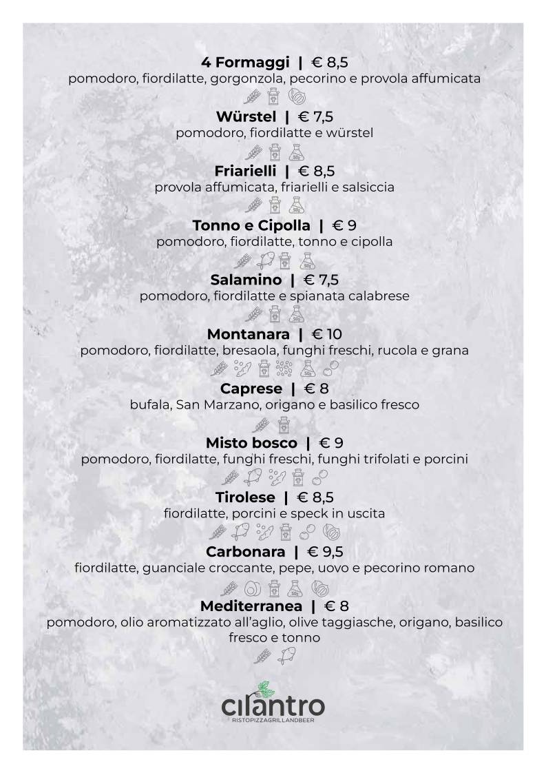 Menu di Cilantro - Ristorante Pizzeria Carne alla brace 