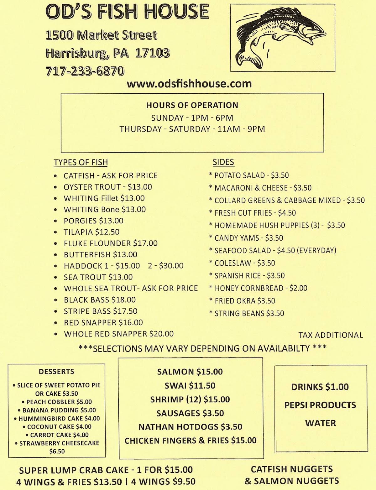 Menu at Od's Fish House restaurant, Harrisburg