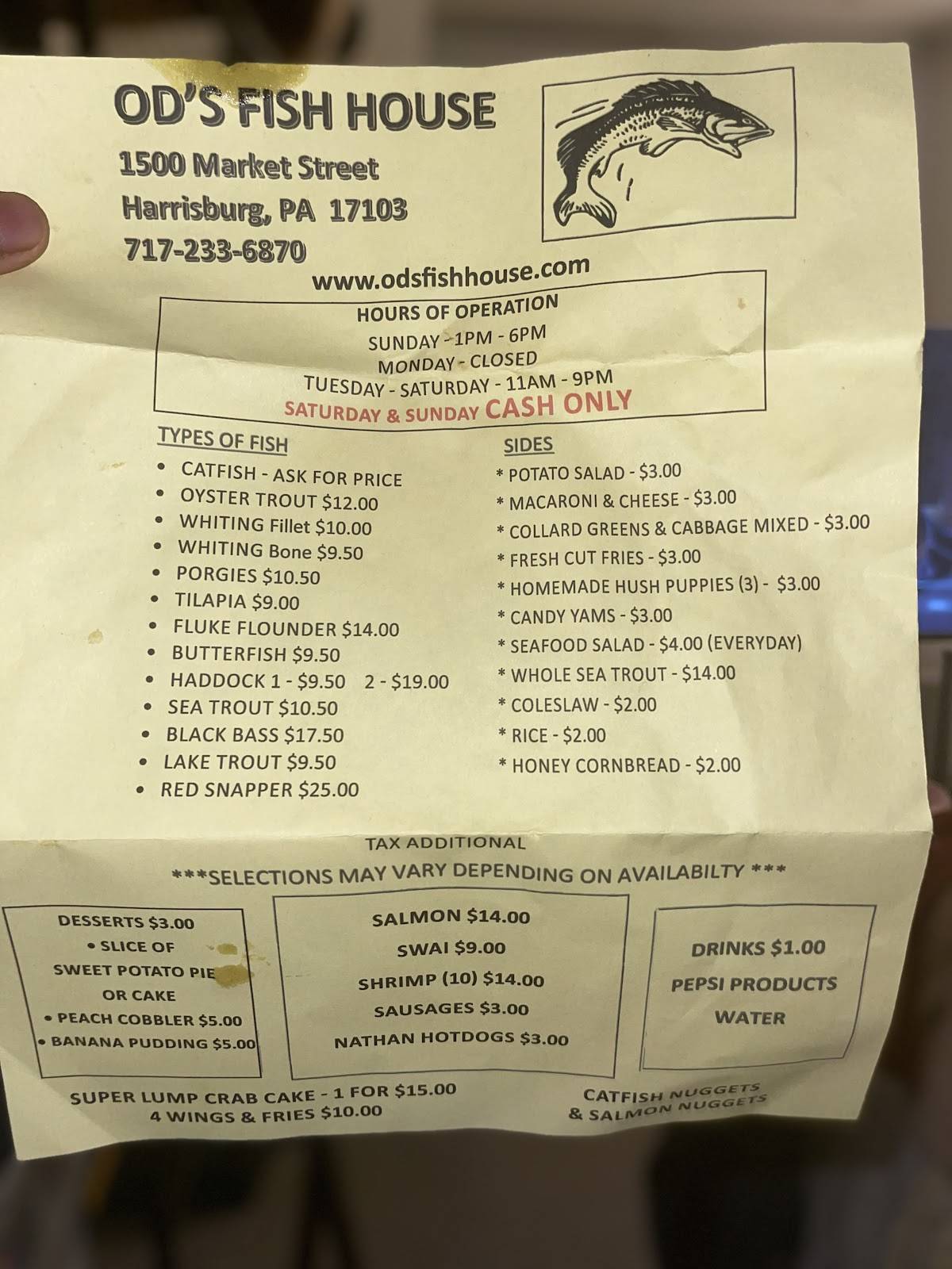 Menu at Od's Fish House restaurant, Harrisburg