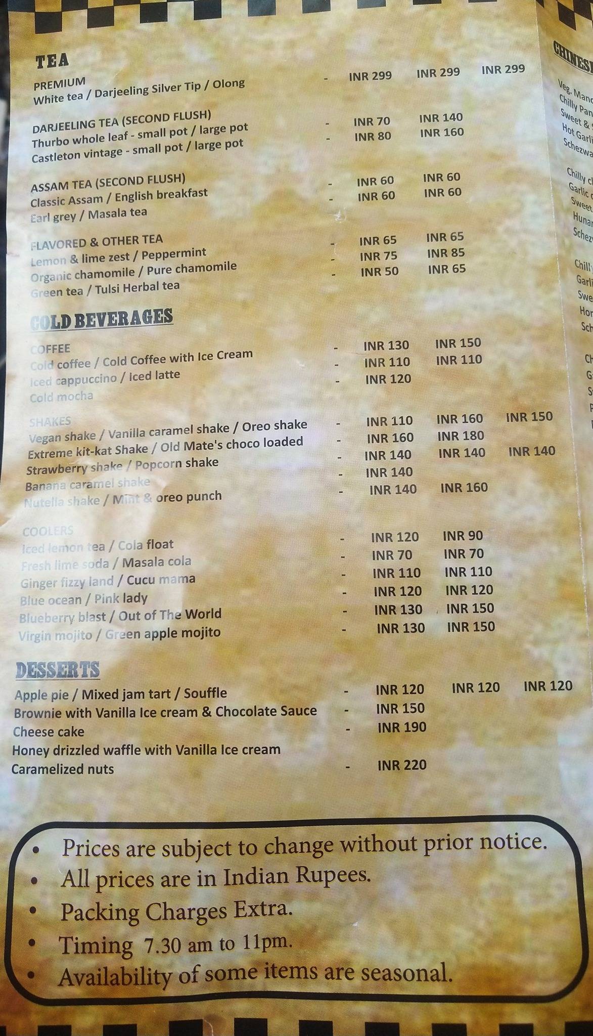 Old Mates menu