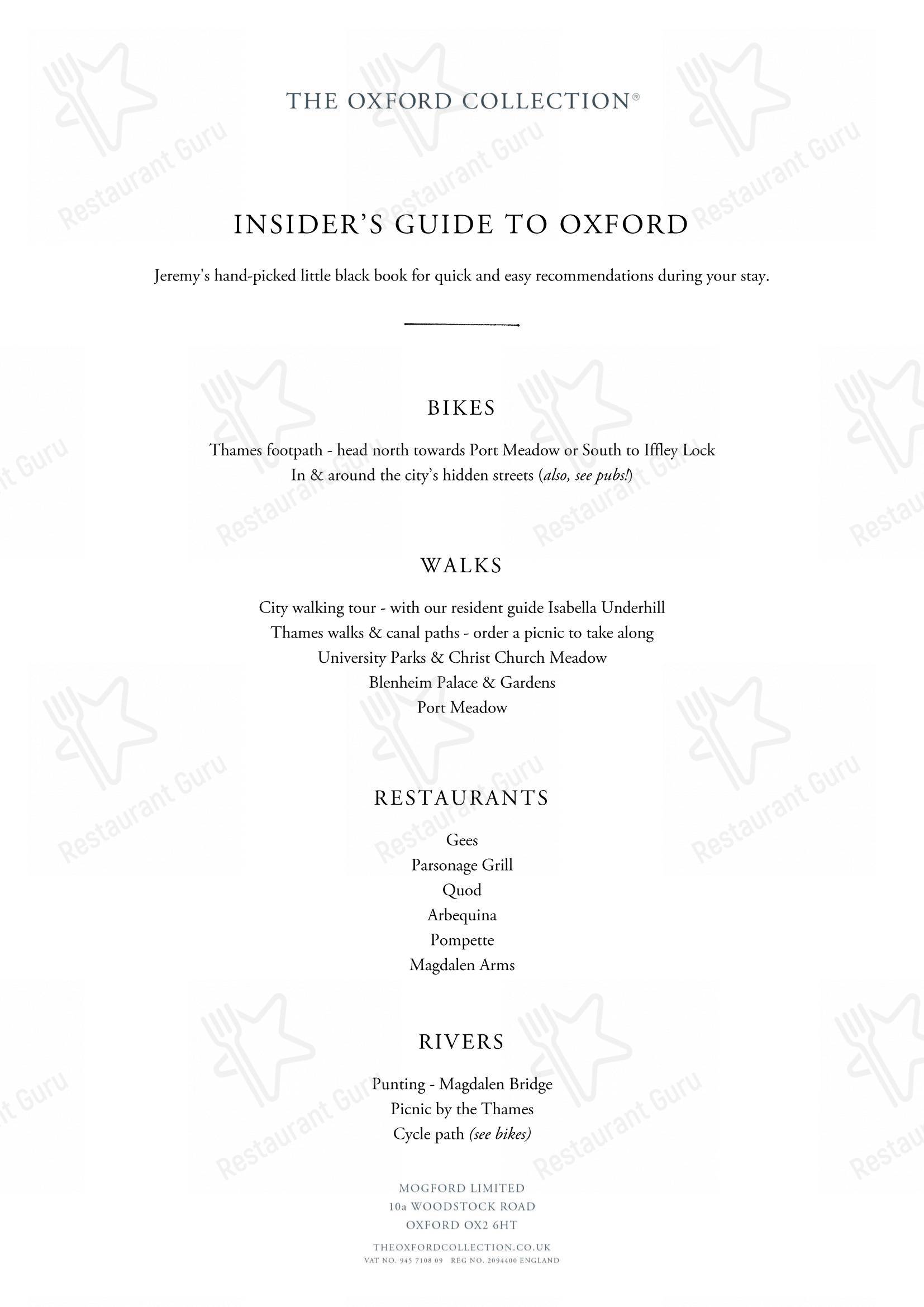 Menu at Old Parsonage Hotel, by The Oxford Collection pub & bar, Oxford