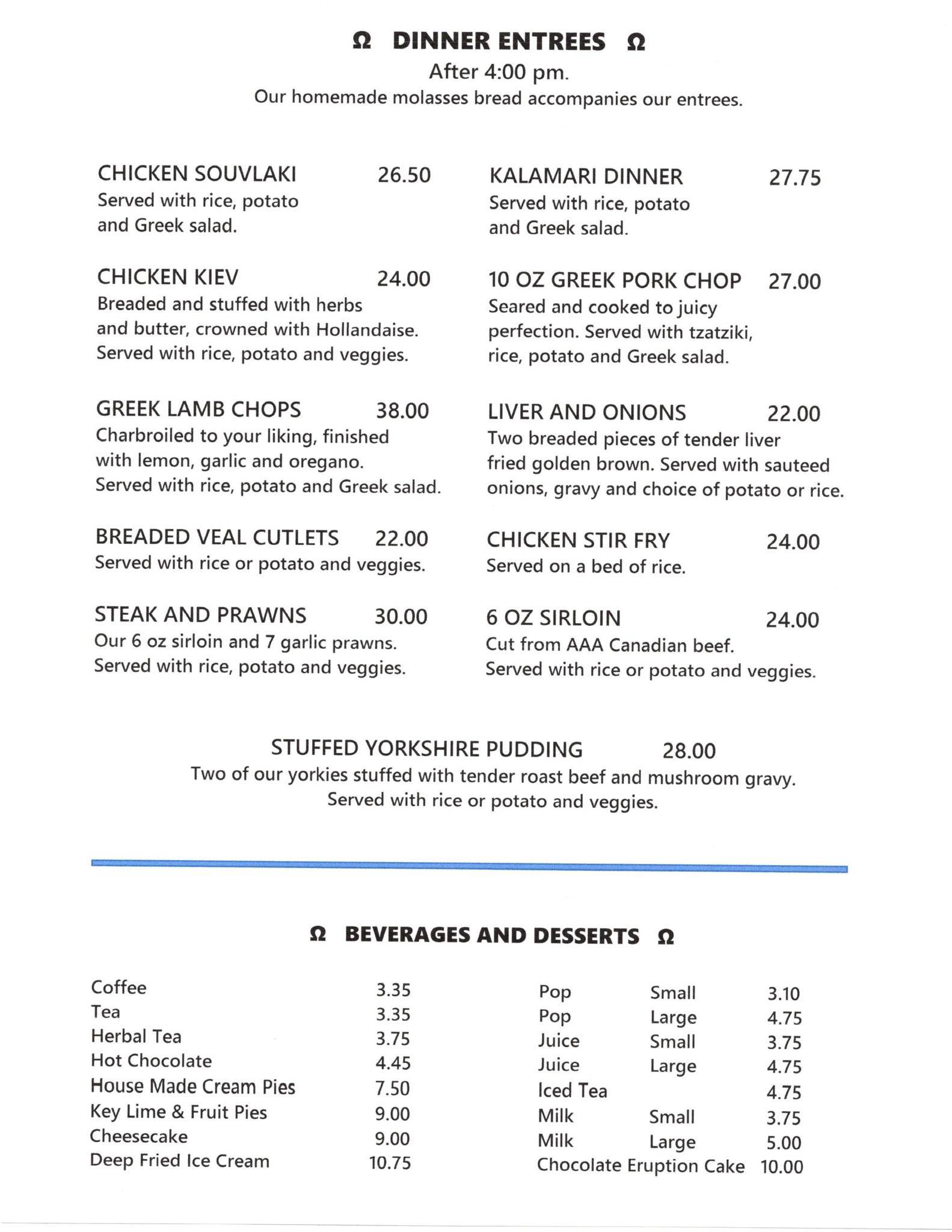 Menu at Omega Restaurant, Grand Forks, Crowsnest Highway
