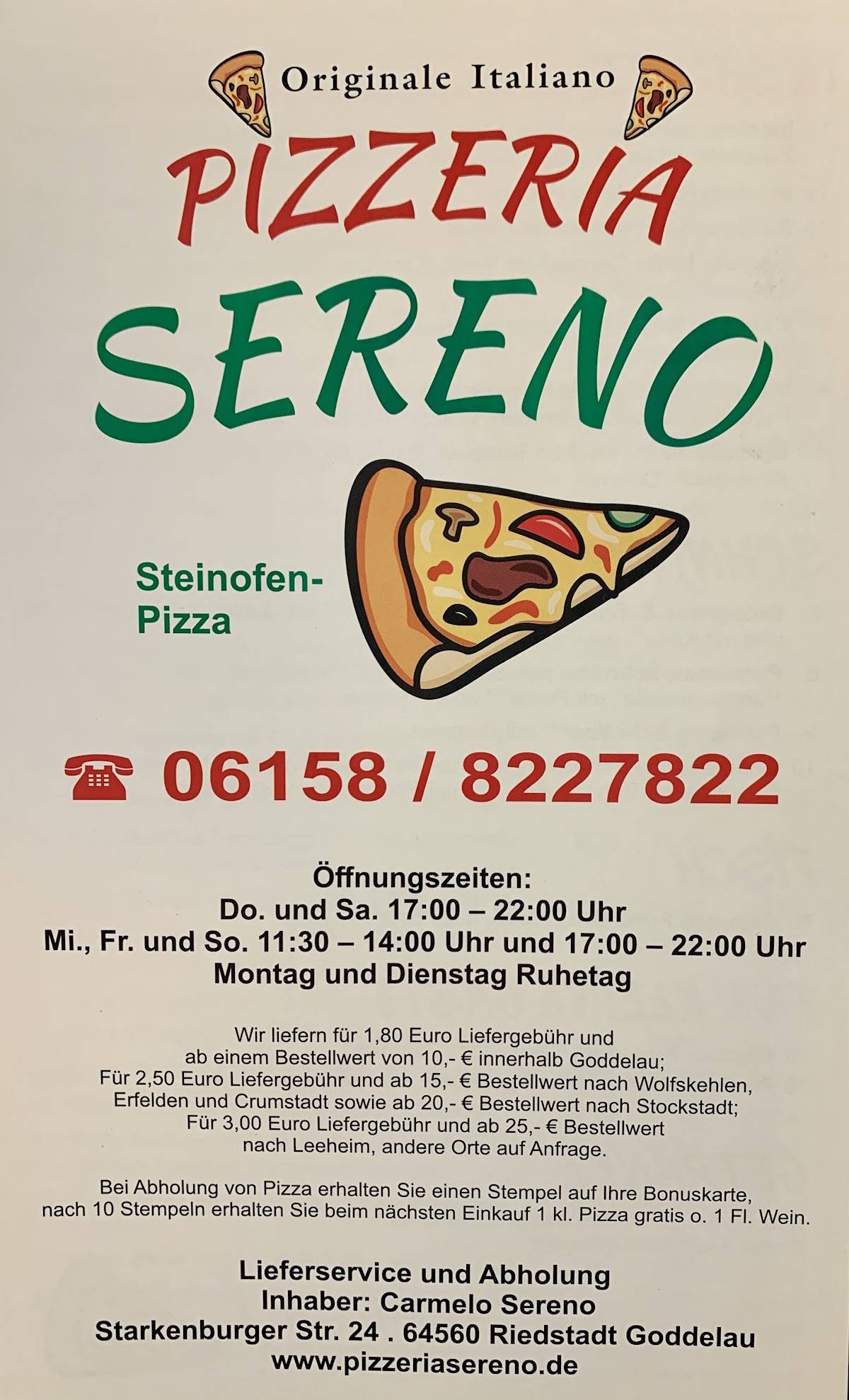 Menu de Originale Italiano . Pizzeria Sereno