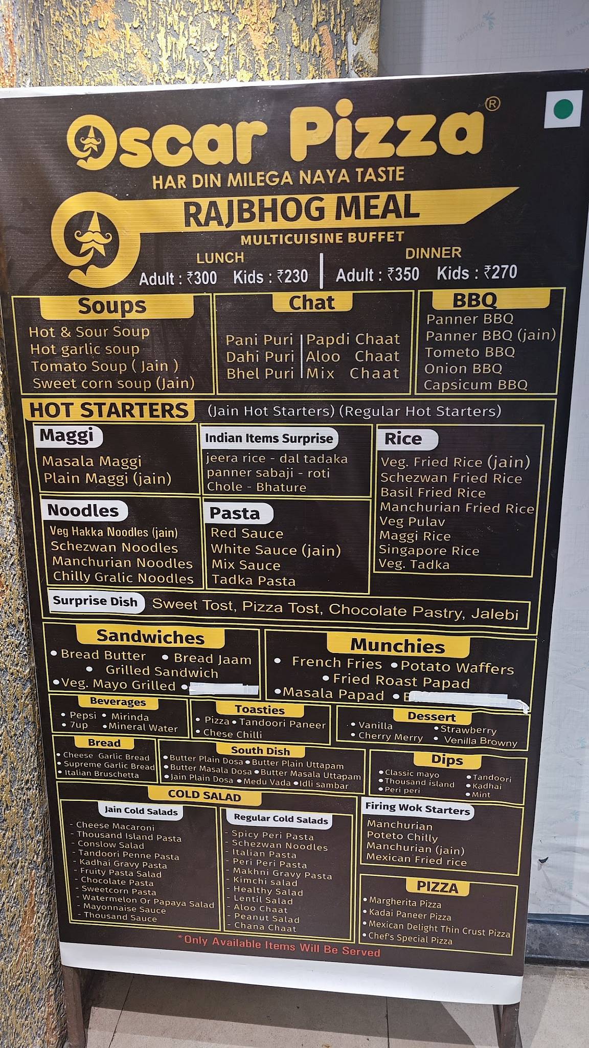 Oscar Pizza menu