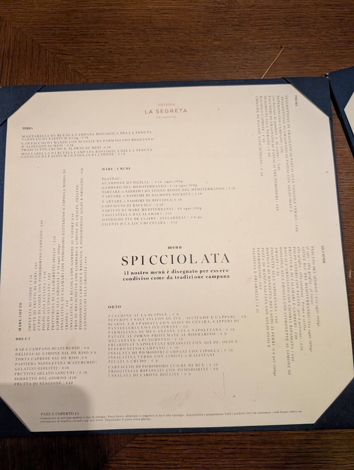 Menu di Osteria La Segreta 