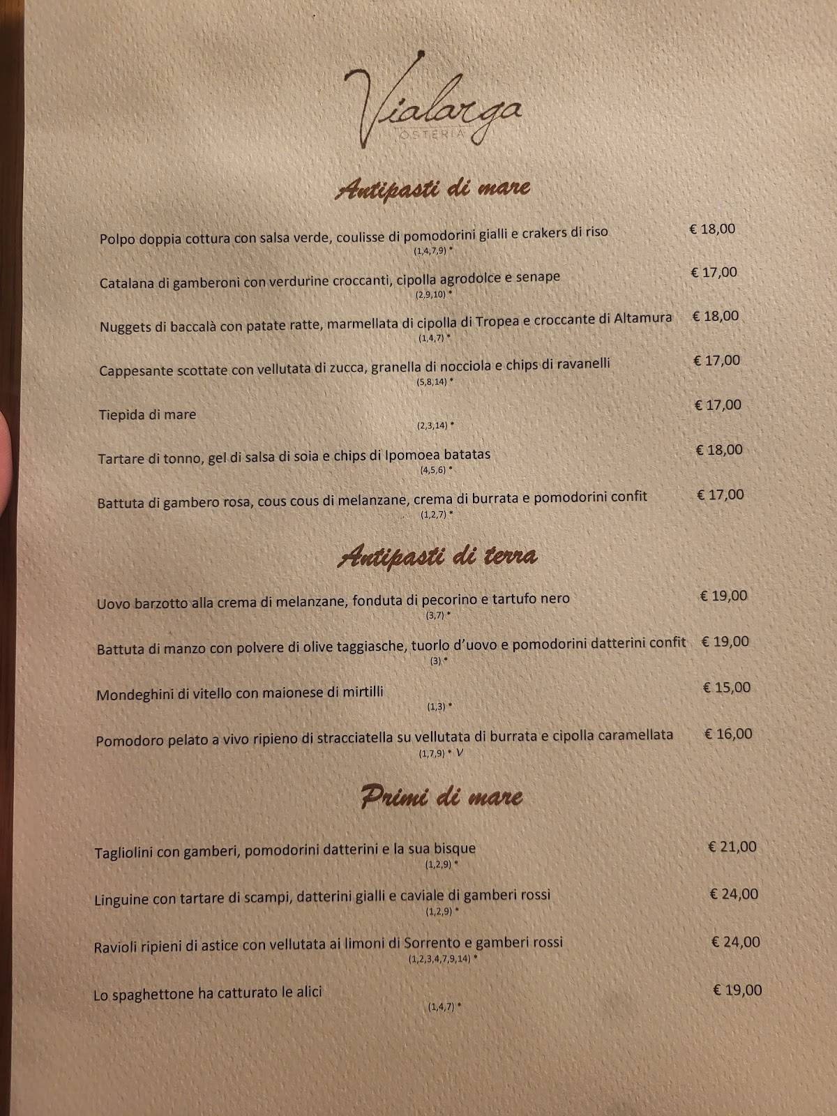 Menu di Osteria Vialarga 