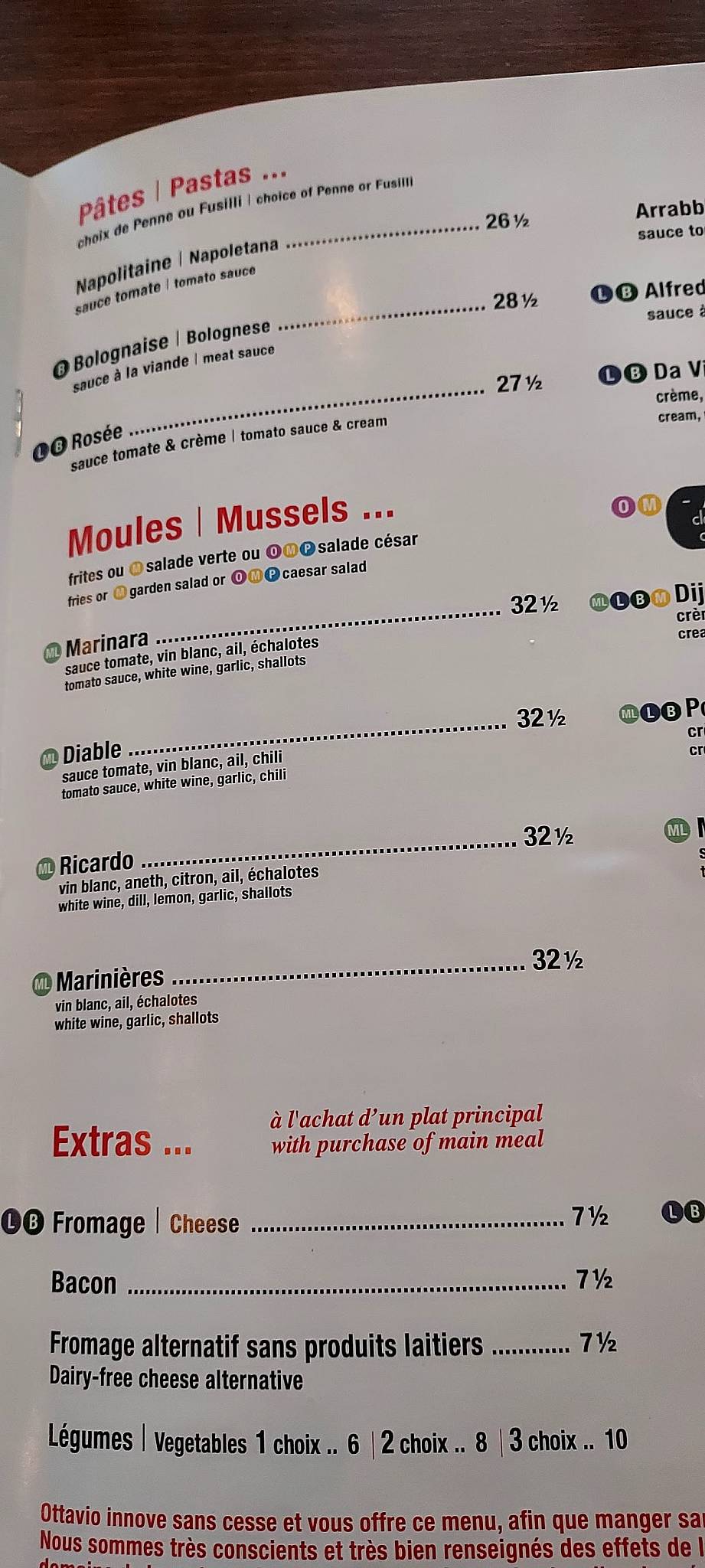 Menu de Ottavio Gatineau - Restaurant Apportez Votre Vin