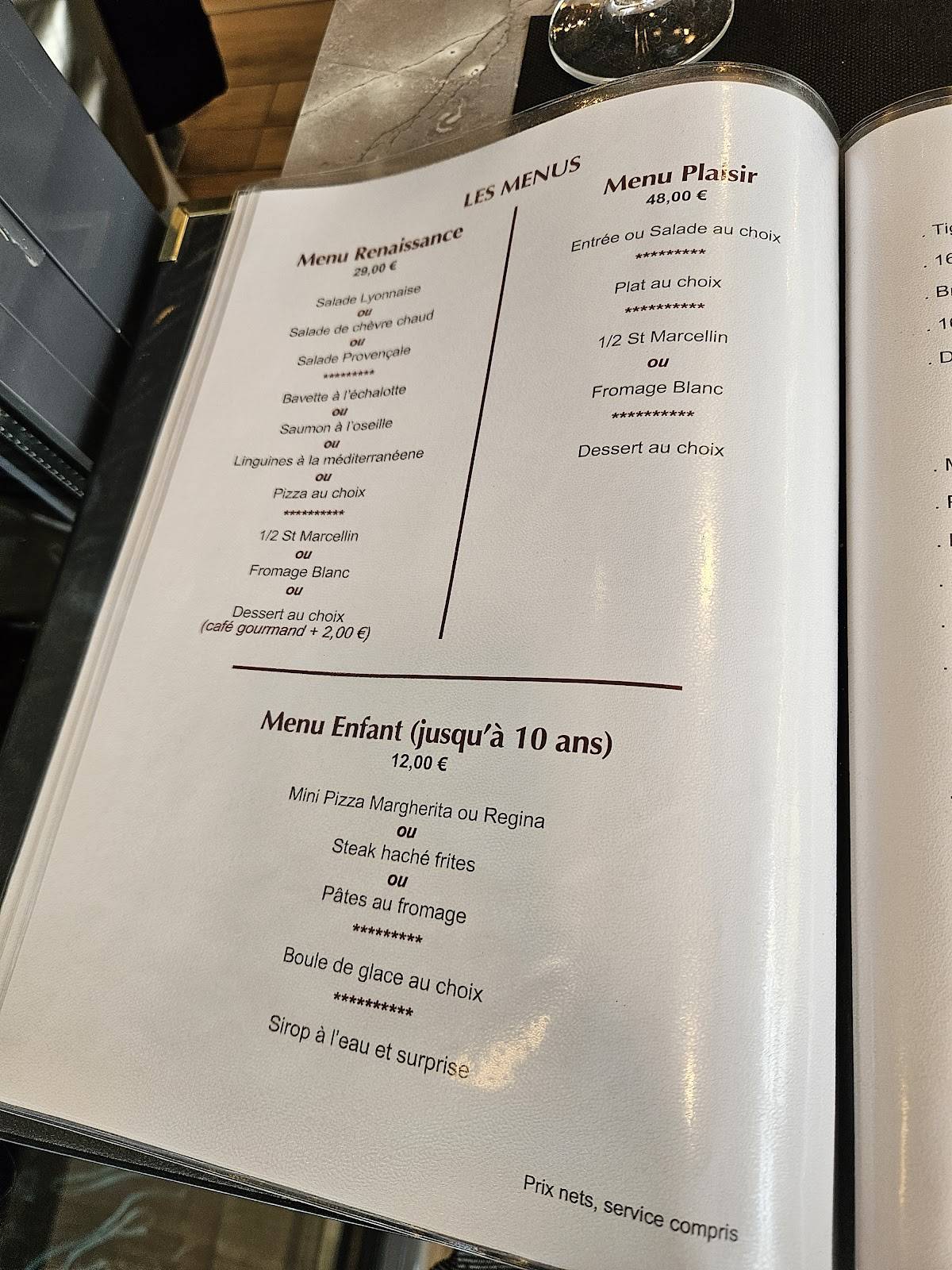 Menu de La Renaissance