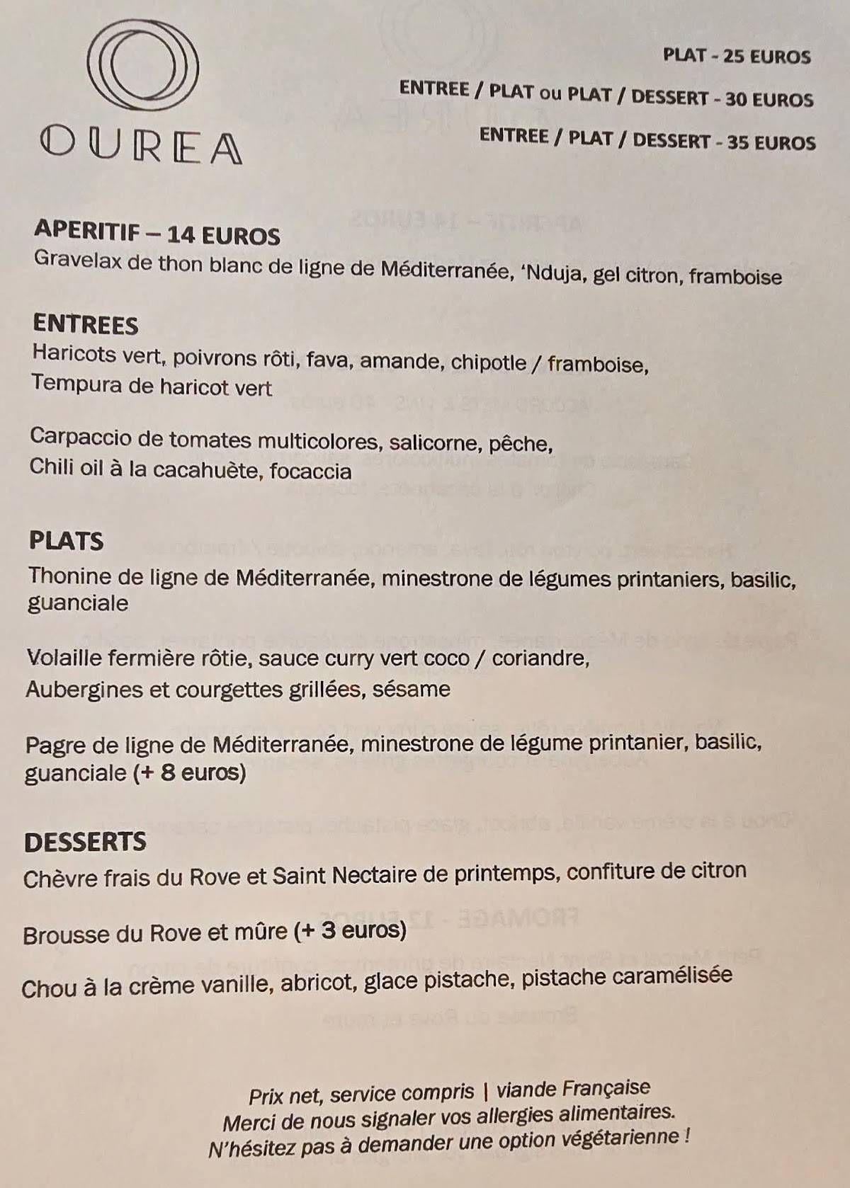 Menu de Ourea