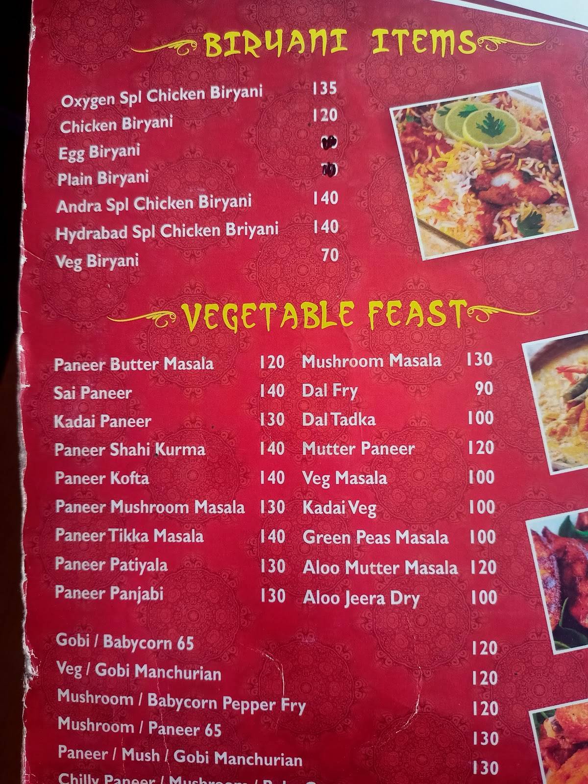 Oxygen Restaurant menu