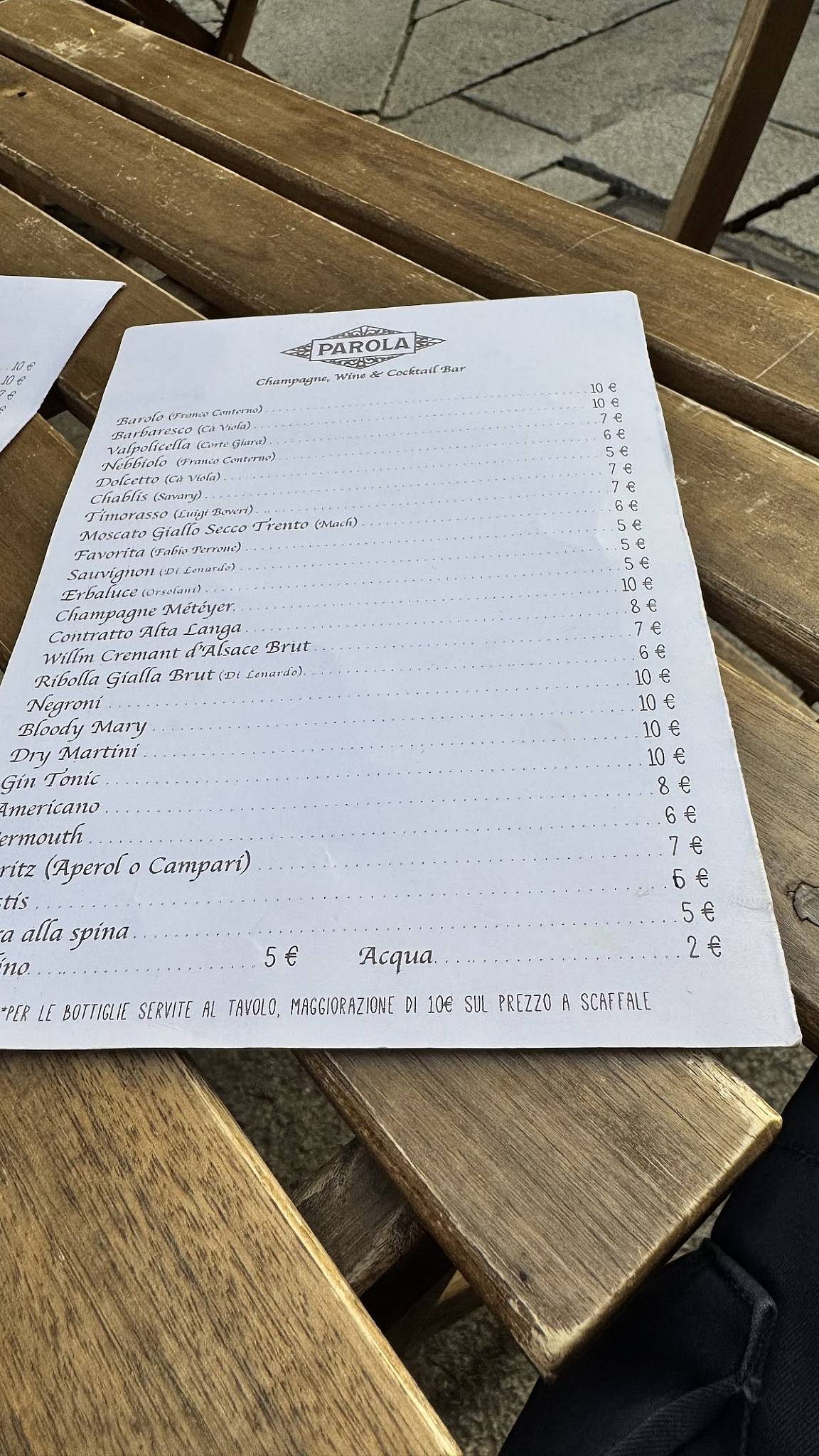 Menu di PAROLA WINE BAR 