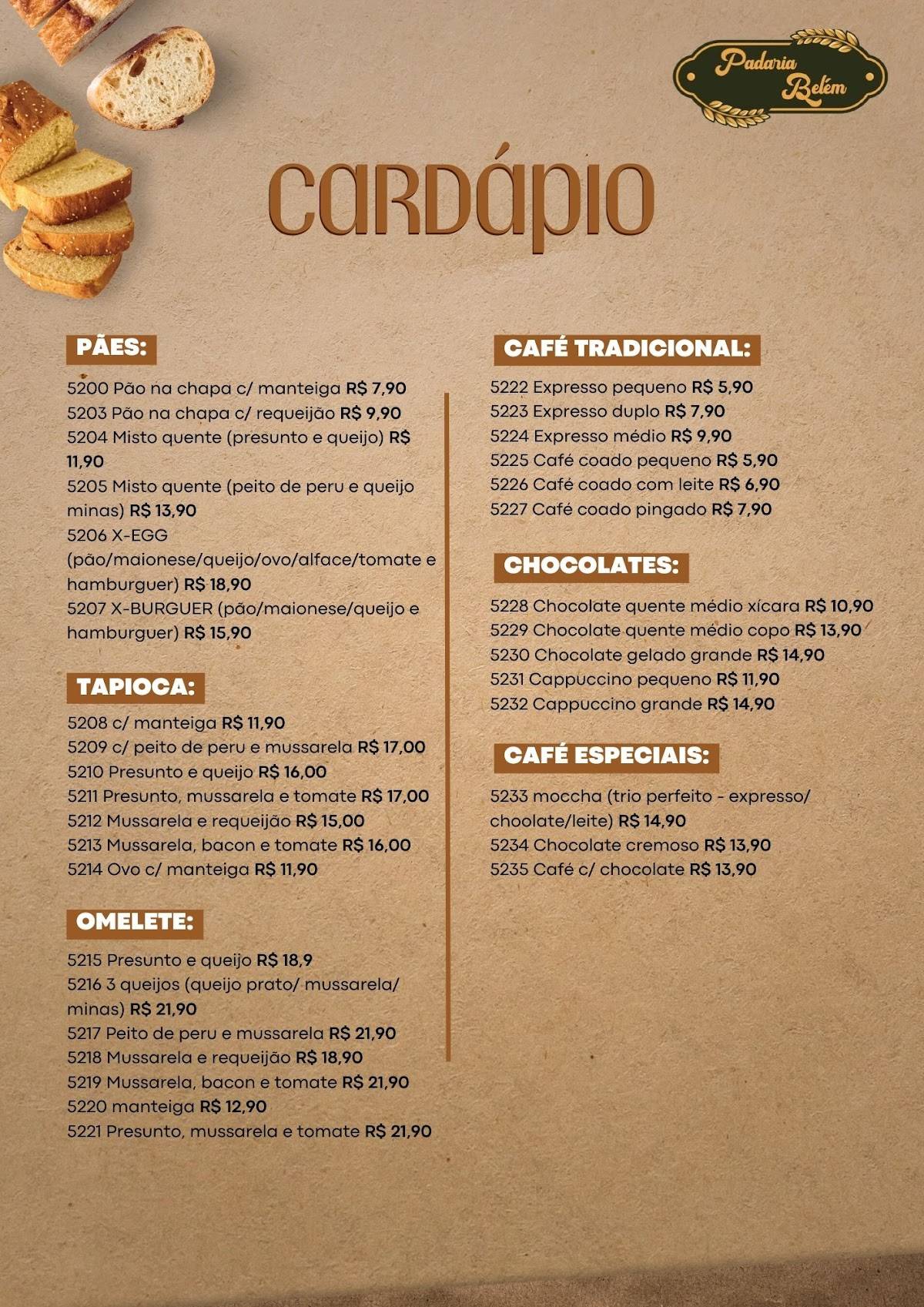Padaria Belém cardápio
