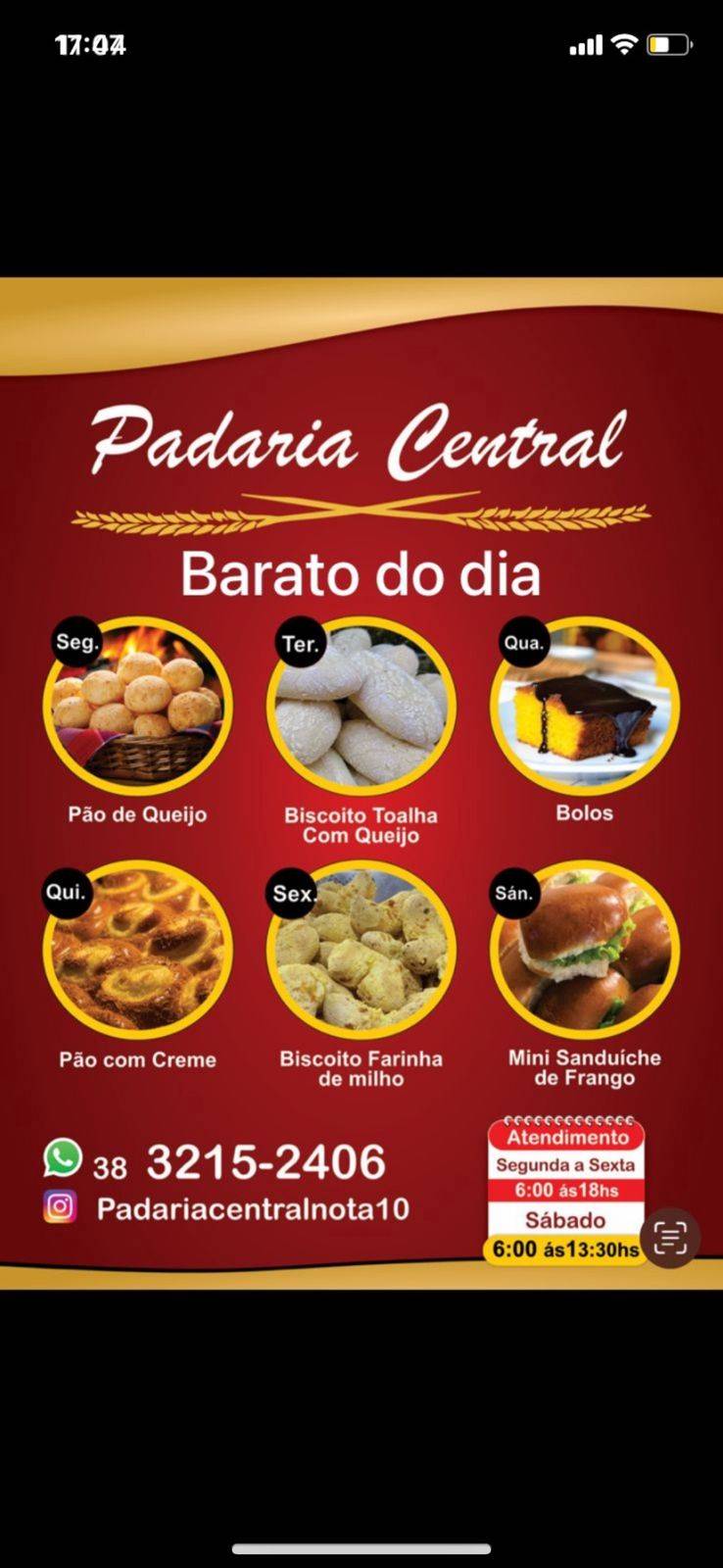 Padaria Central cardápio