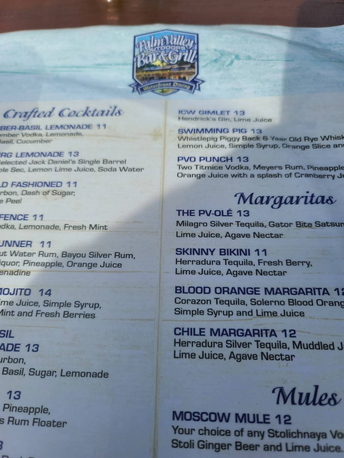 Menu at Palm Valley Outdoors Bar & Grill, Palm Valley