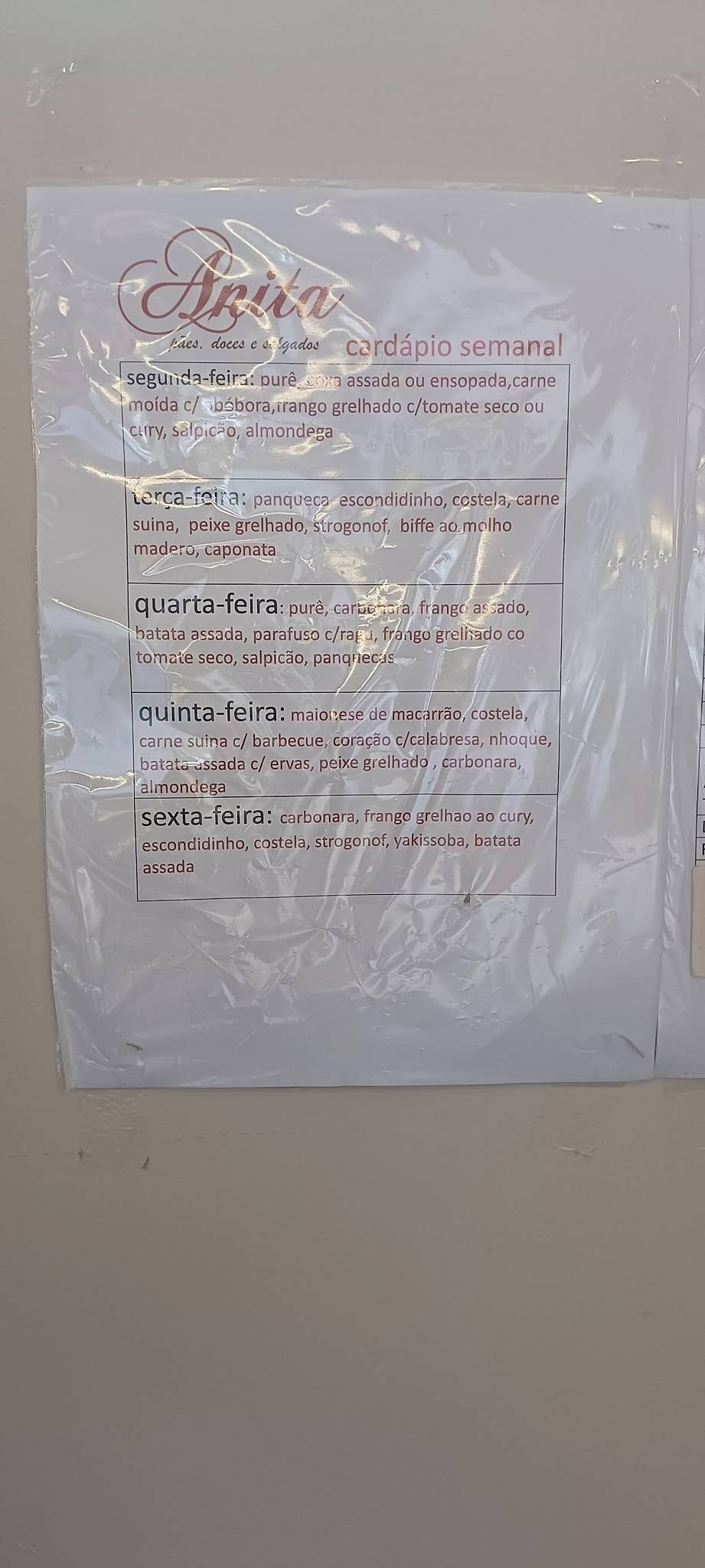 Panificadora Anita cardápio