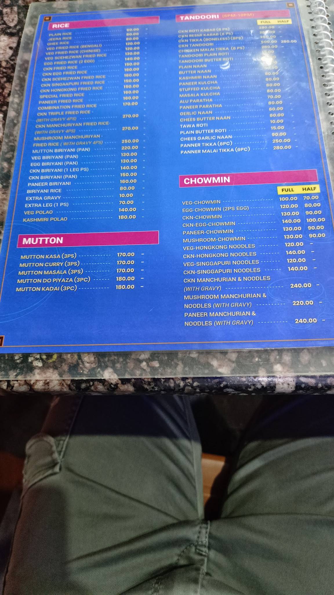 Parbon Restaurant menu
