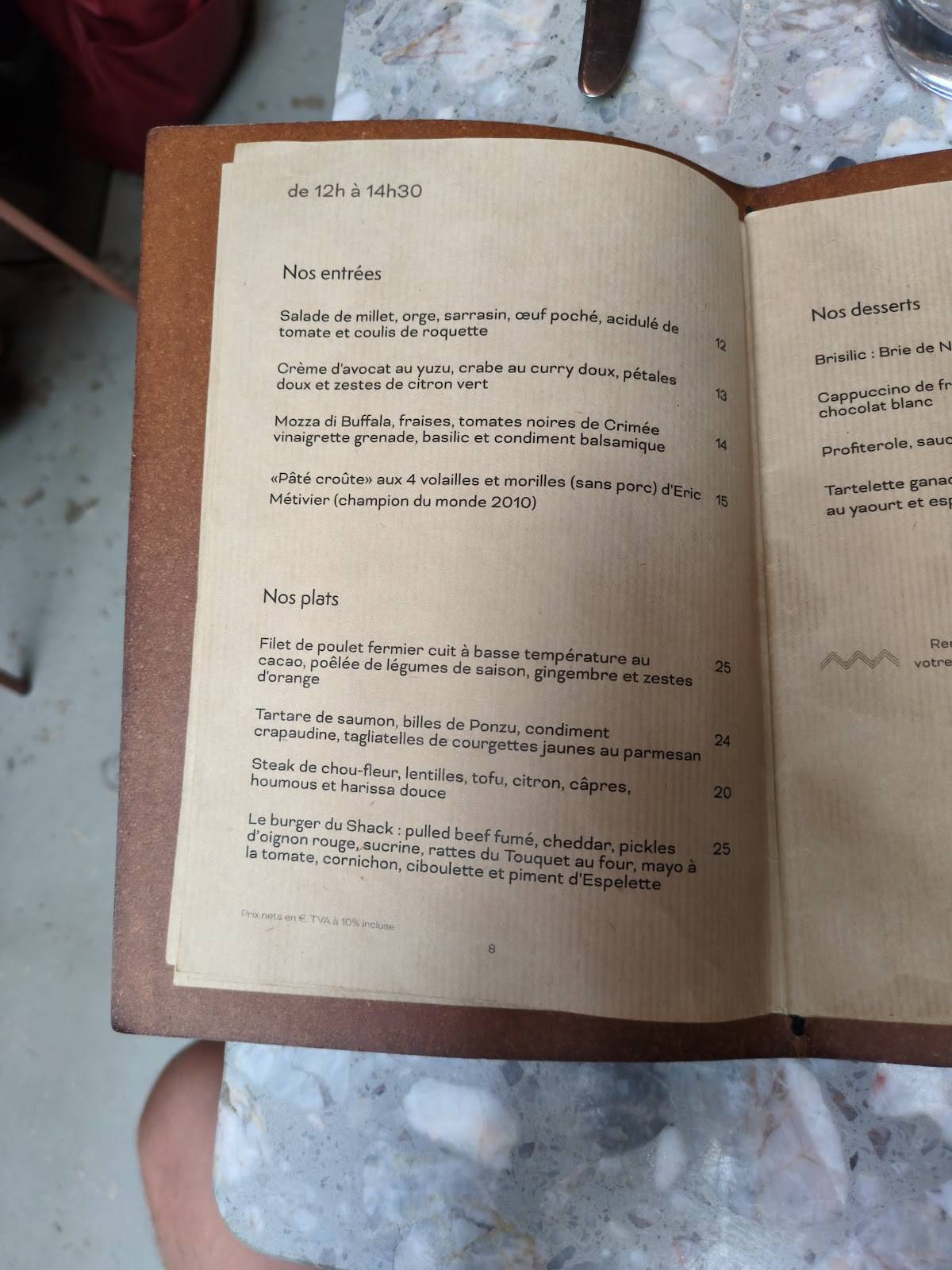 Menu de Le Shack