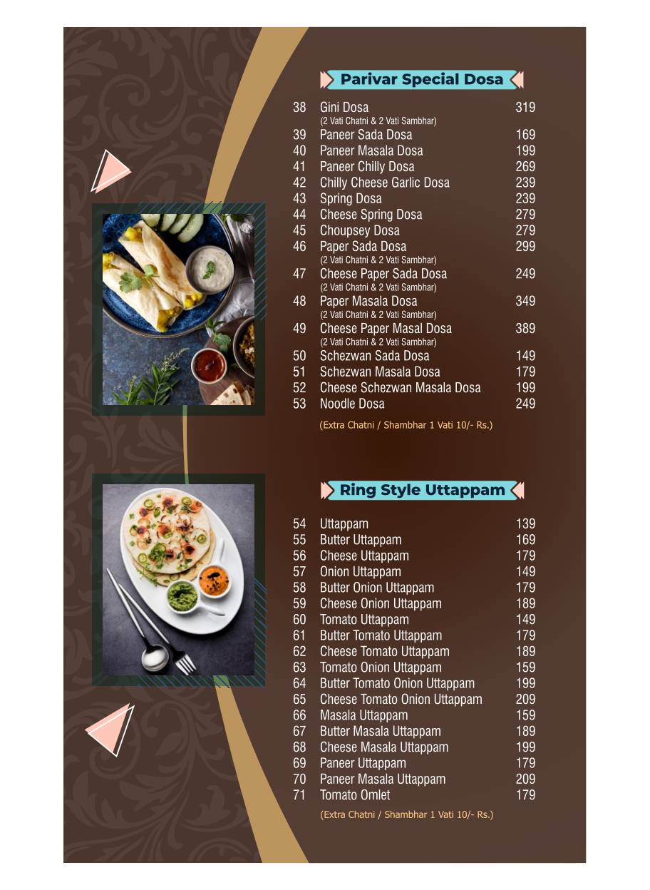 Parivar Veg Restaurant Best family Restaurant menu