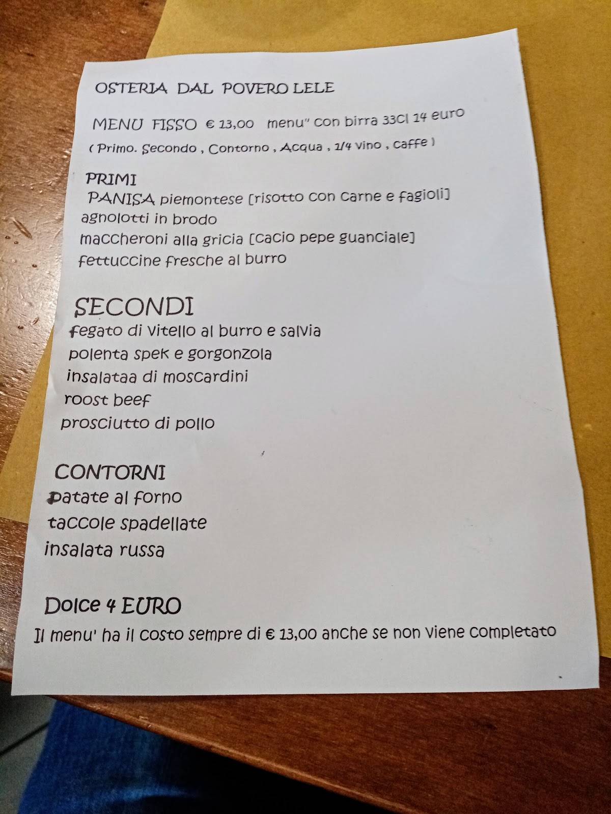 Menu di Osteria dal povero Lele 