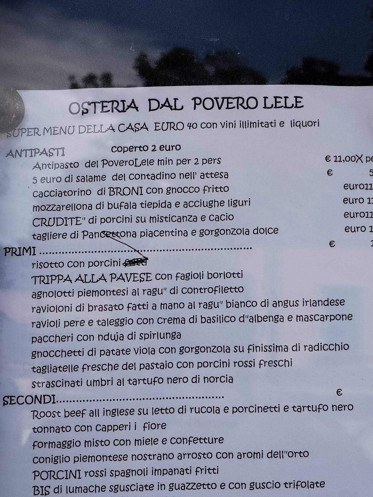 Menu di Osteria dal povero Lele 