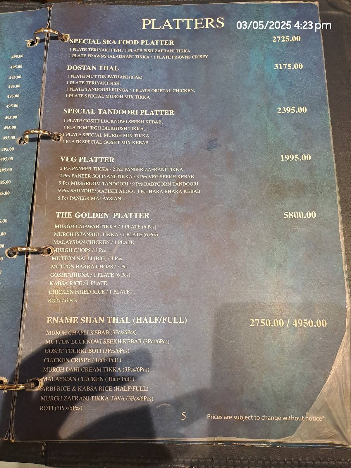 Persian Darbar menu