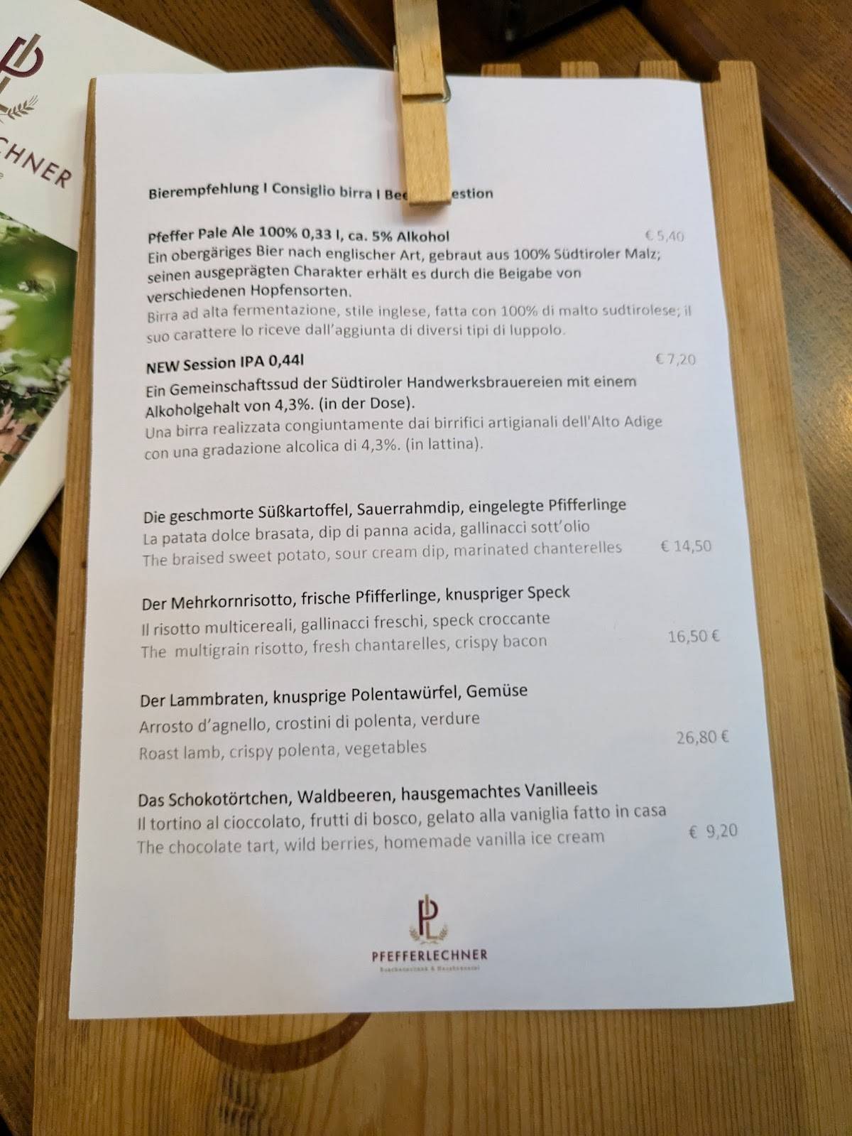 Menu di Pfefferlechnerkeller 