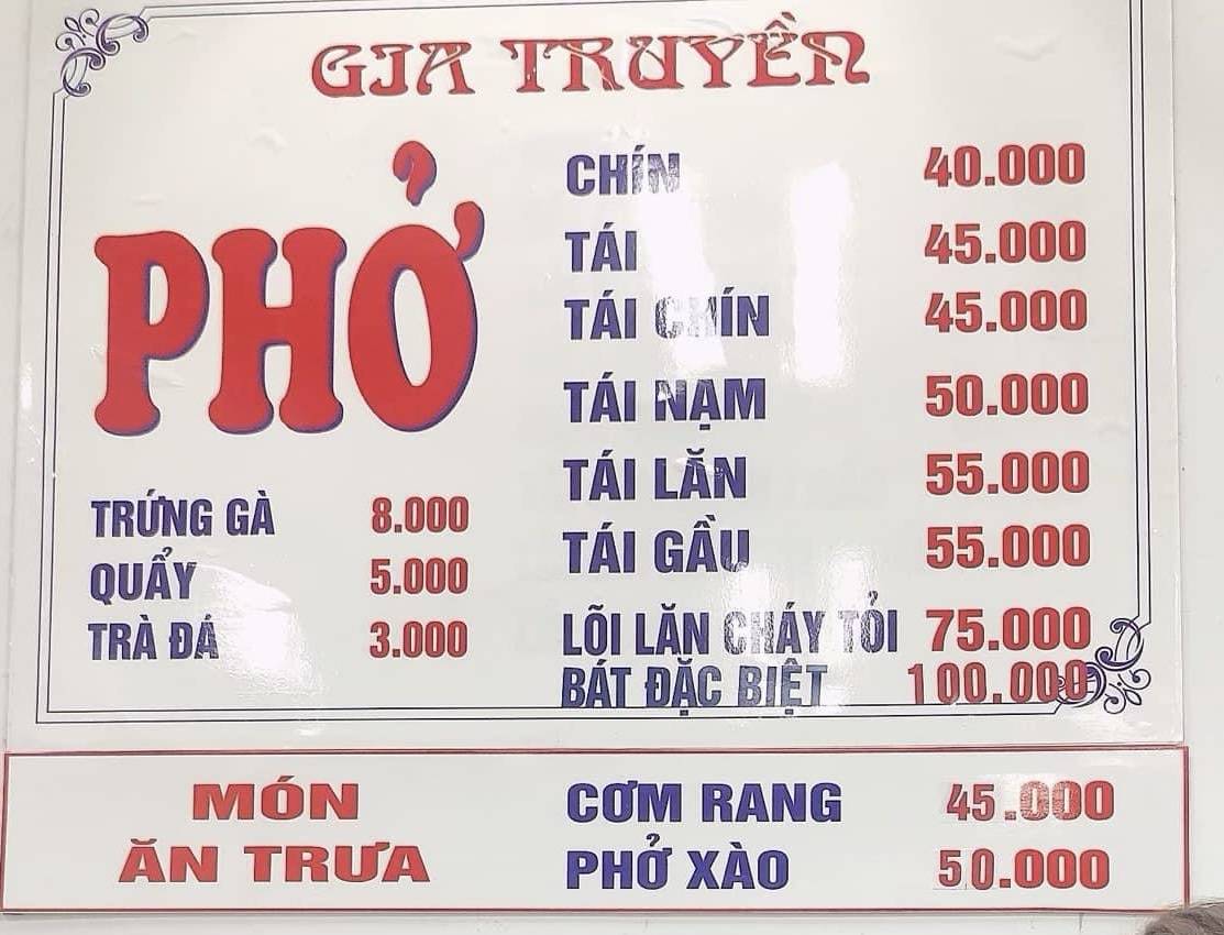Menu at Phở Sạch 55 Đại Cồ Việt restaurant, Hanoi