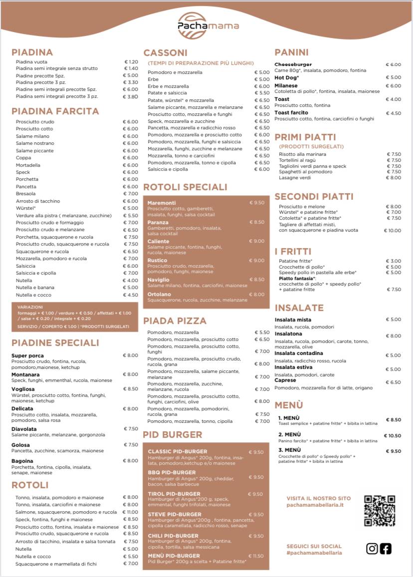 Menu di Piadineria Pacha Mama 