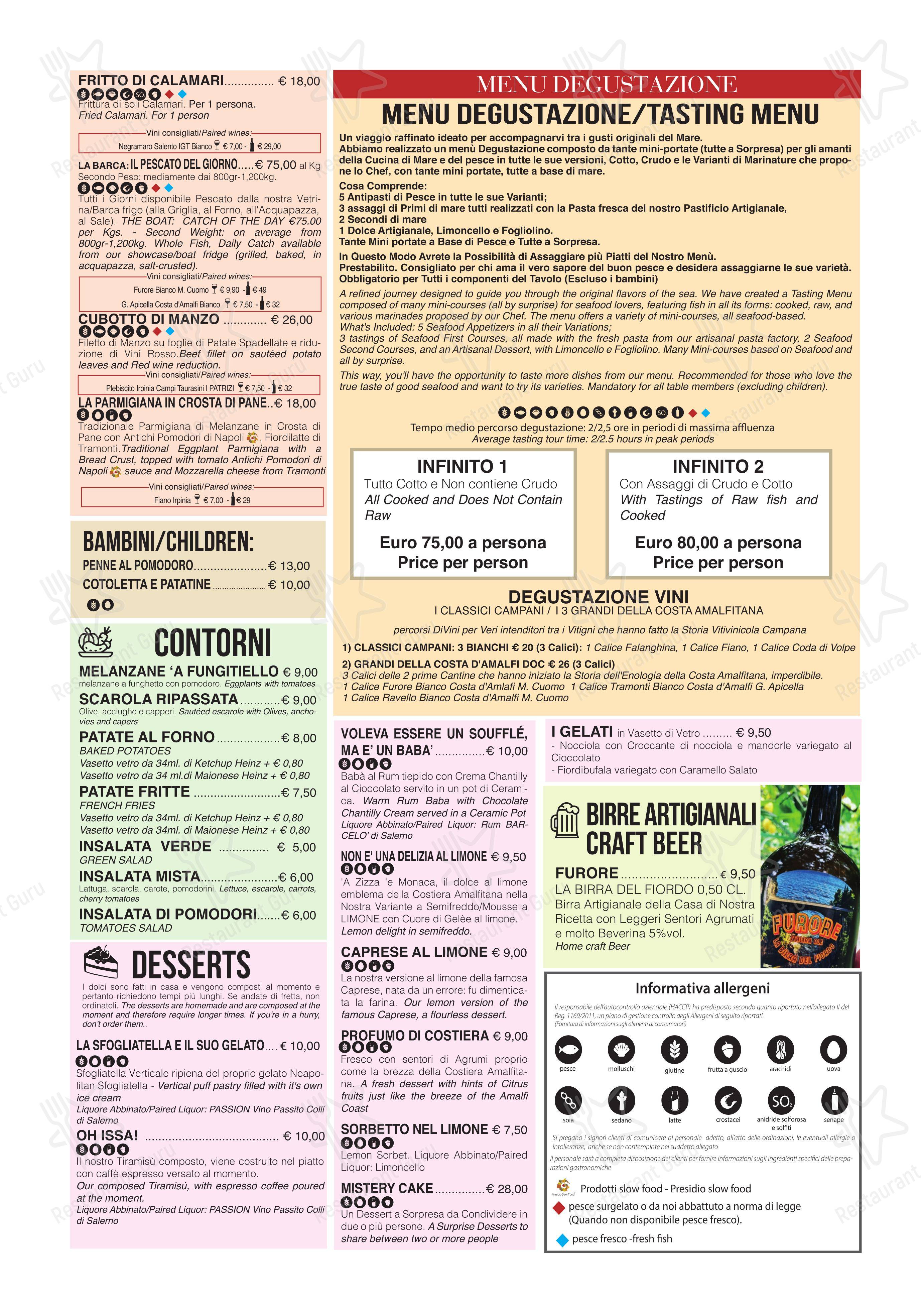 Menu bar per Pineta 1903, Ristorante con Pastificio Artigianale L’Autentica Cucina di Mare della Costiera Amalfitana in Maiori